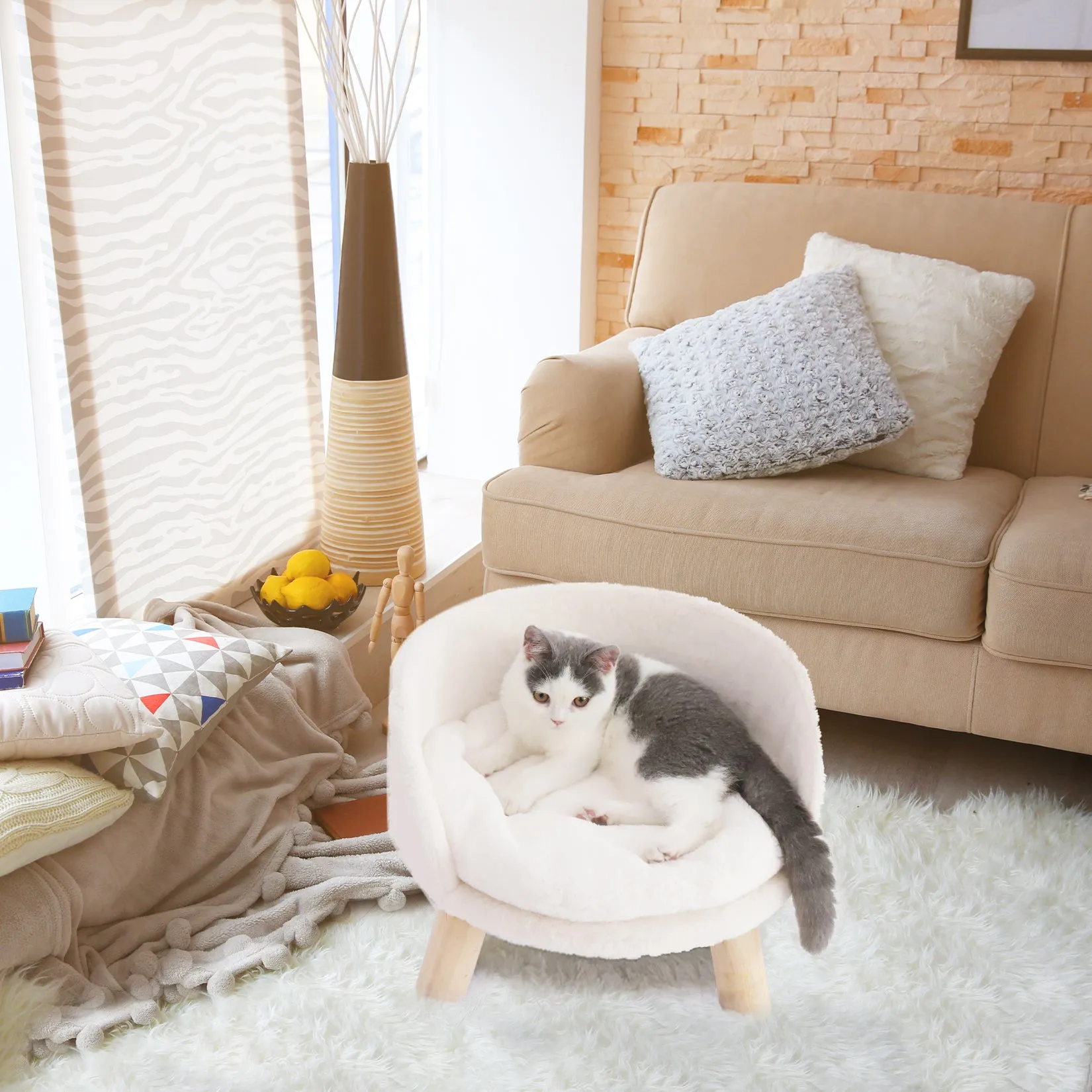 Luxury Pet Soft Warm Bed Wood Legs with Washable Cushion Pad