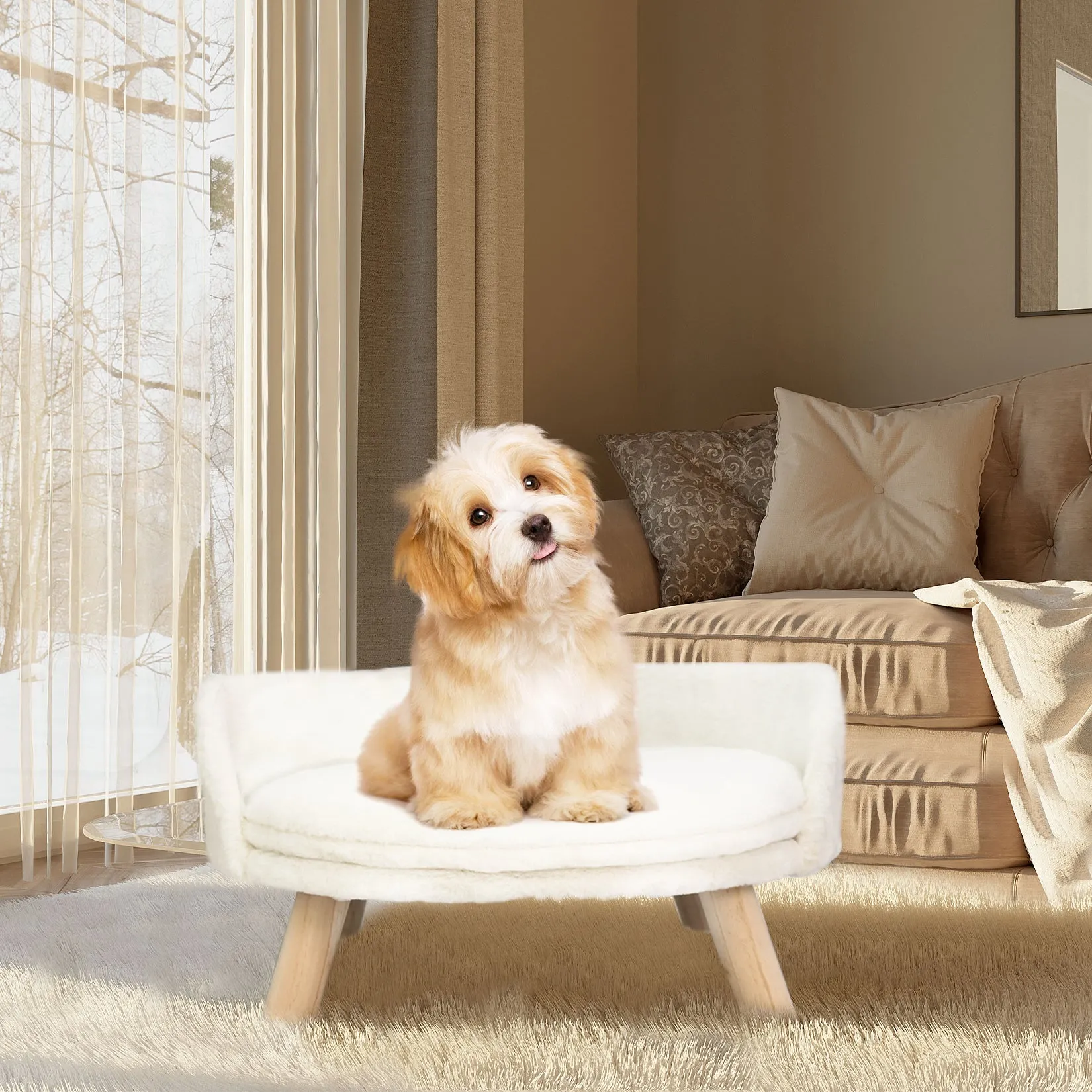 Luxury Pet Soft Warm Bed Wood Legs with Washable Cushion Pad