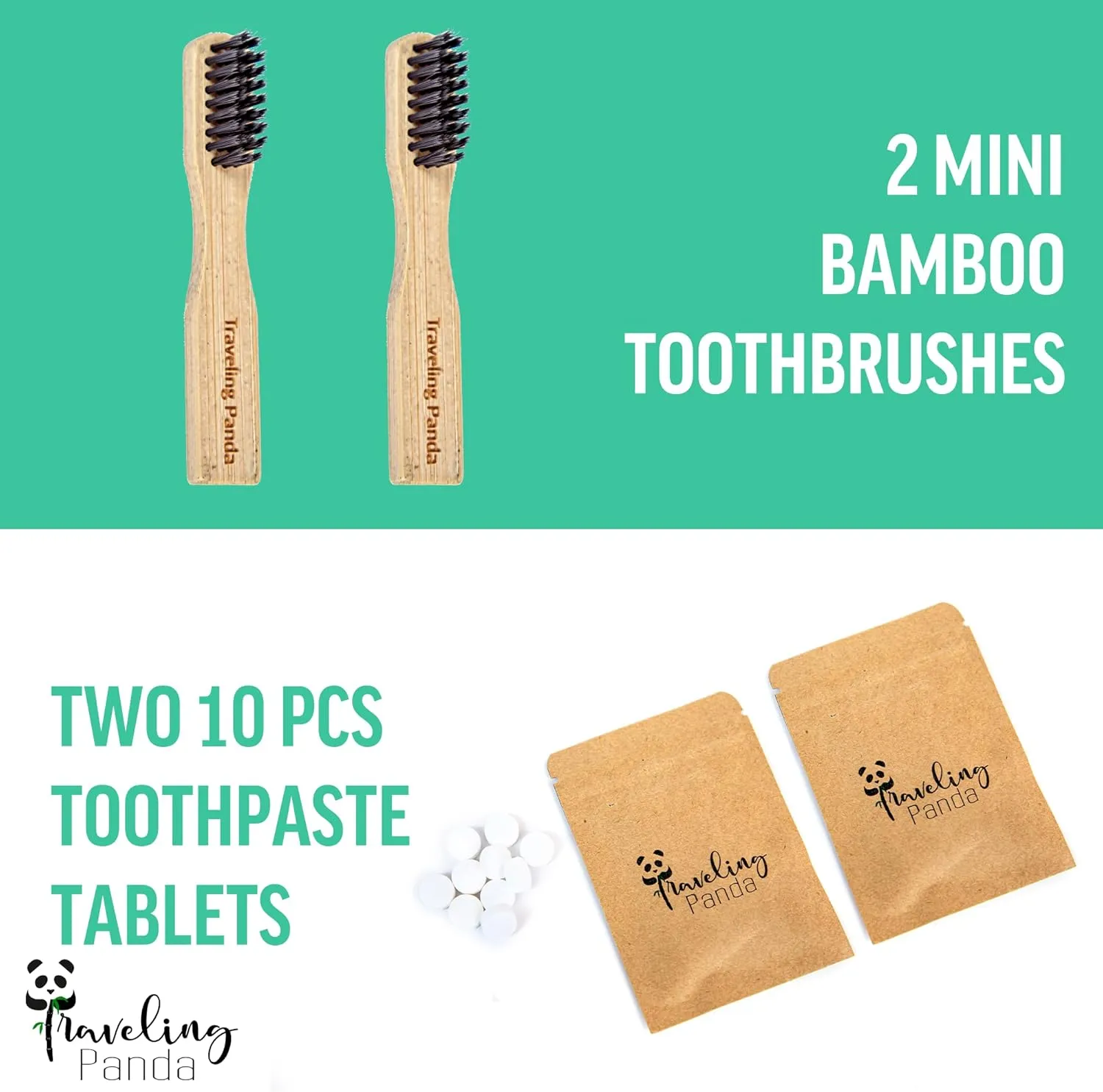 Mini Travel Bamboo Toothbrush Kit with 2 Soft Bristle Toothbrushes and Mint Toothpaste Tablets, 2X 10 Tabs