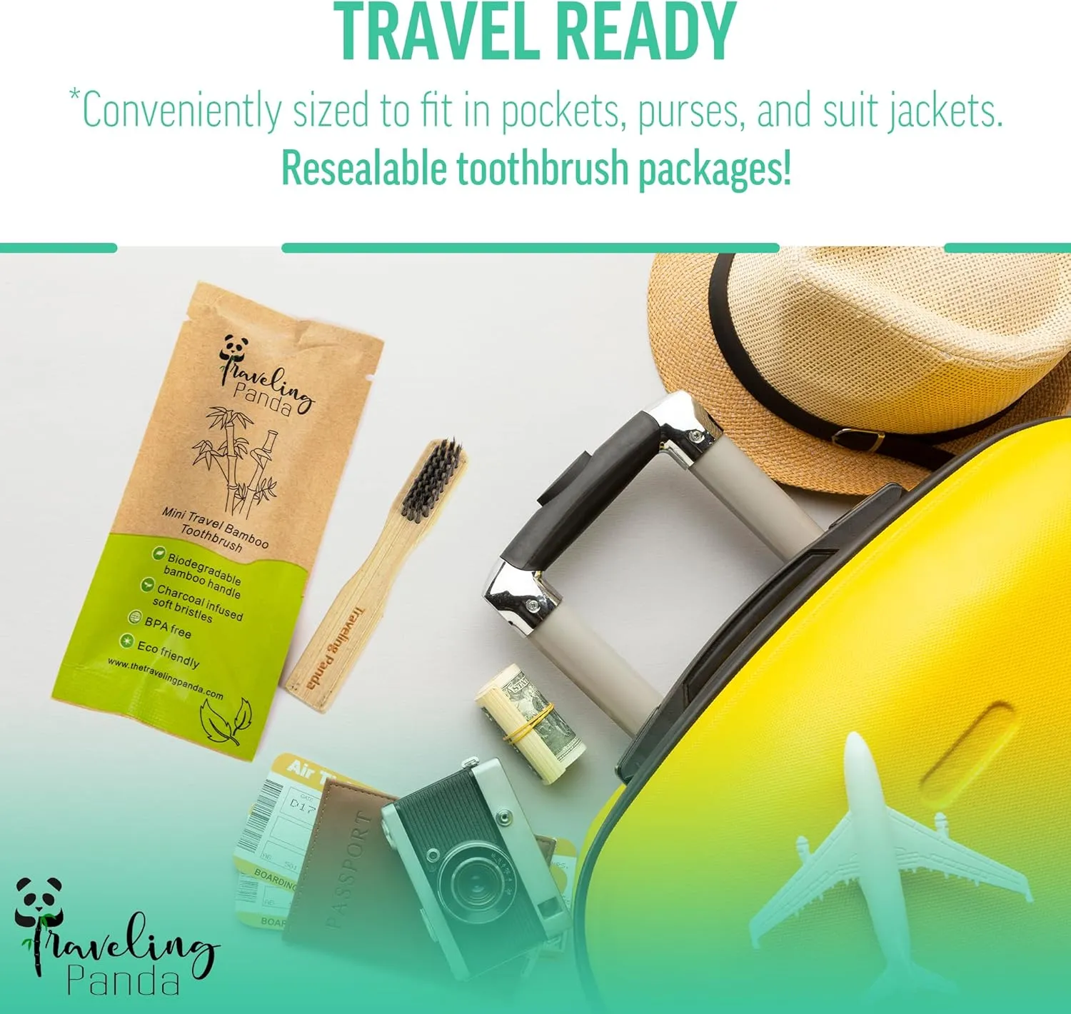 Mini Travel Bamboo Toothbrush Kit with 2 Soft Bristle Toothbrushes and Mint Toothpaste Tablets, 2X 10 Tabs