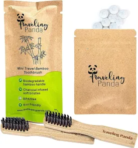 Mini Travel Bamboo Toothbrush Kit with 2 Soft Bristle Toothbrushes and Mint Toothpaste Tablets, 2X 10 Tabs