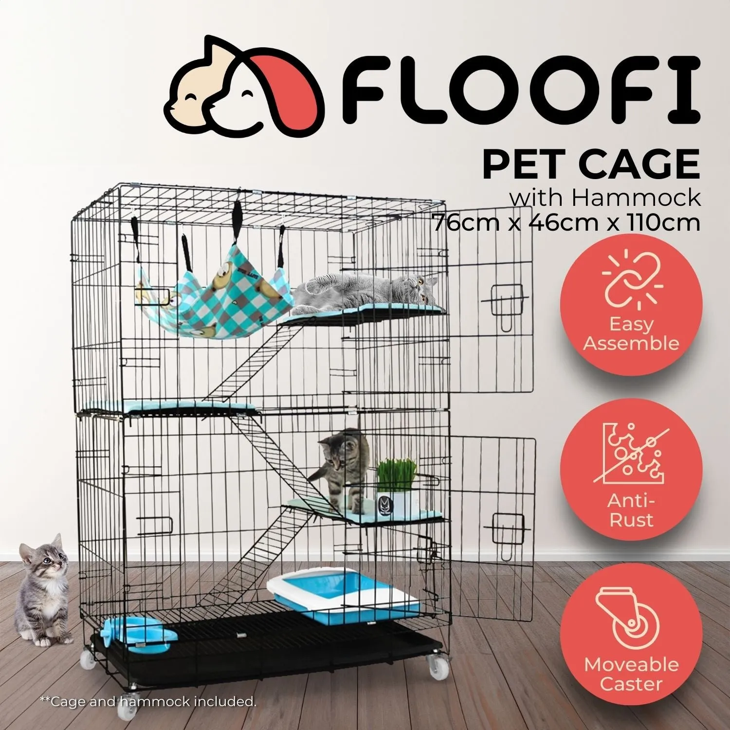 Multi-Level Pet Cage with Hammock, Tray & Wheels - Gominimo