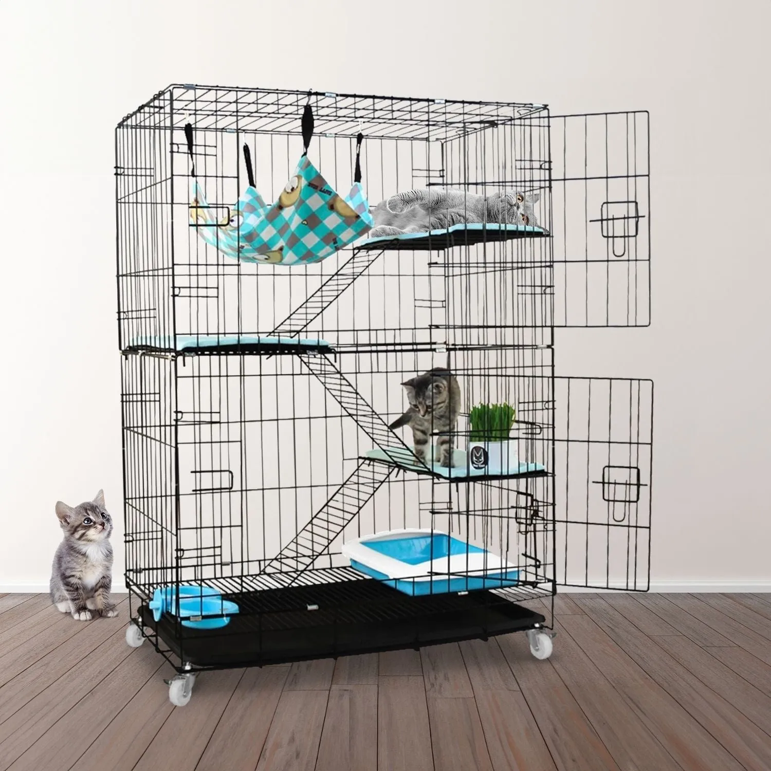 Multi-Level Pet Cage with Hammock, Tray & Wheels - Gominimo