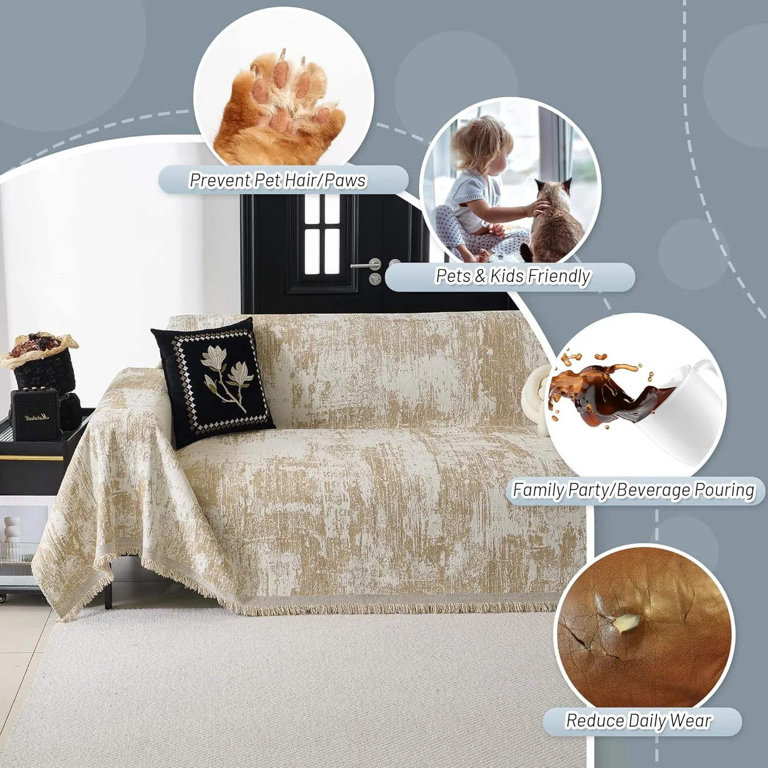 MYSKY HOME Couch Cover for Sectional Sofa Set - Abstract Geometric Furniture Protector for Dog Cat Pets - Washable 3 Seat Chenille Cover - Multi Use Throw Blanket, 91" X150"