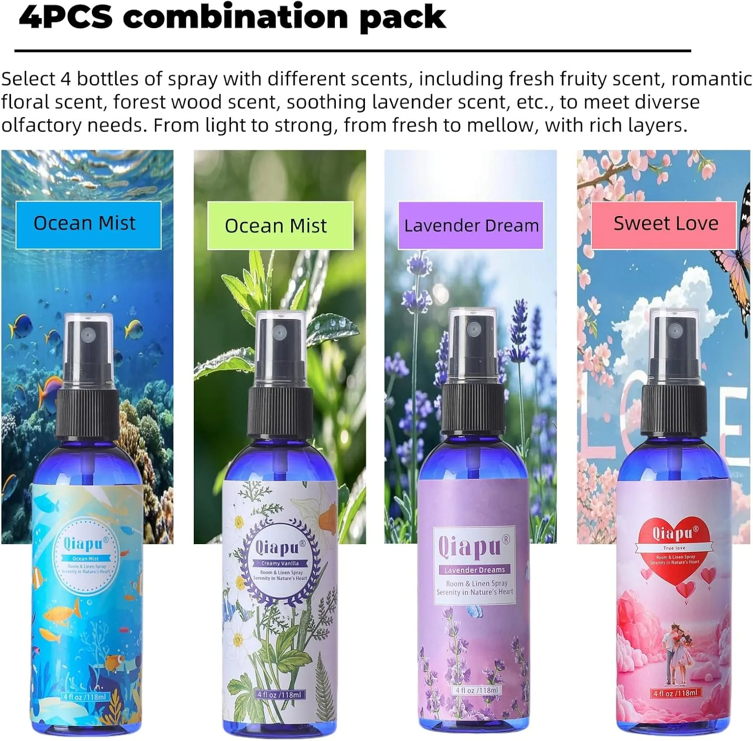 Natural Bedroom Linen Spray Scented Room Mist with Plant Extracts Long Lasting Freshness for Sheets, Pillows & Curtains  4oz4Bottle