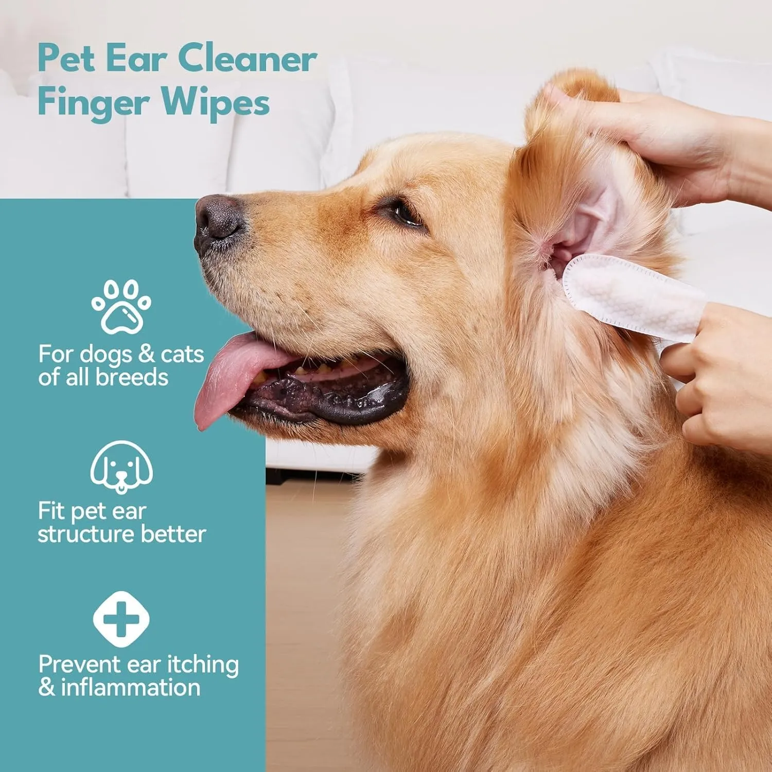 No Pawblems Natural Ear Wipes Finger for Dogs & Cats Comfy Finger Design | Clean Ear Wax, Debris & Dirt Gently | 50 Count Pack