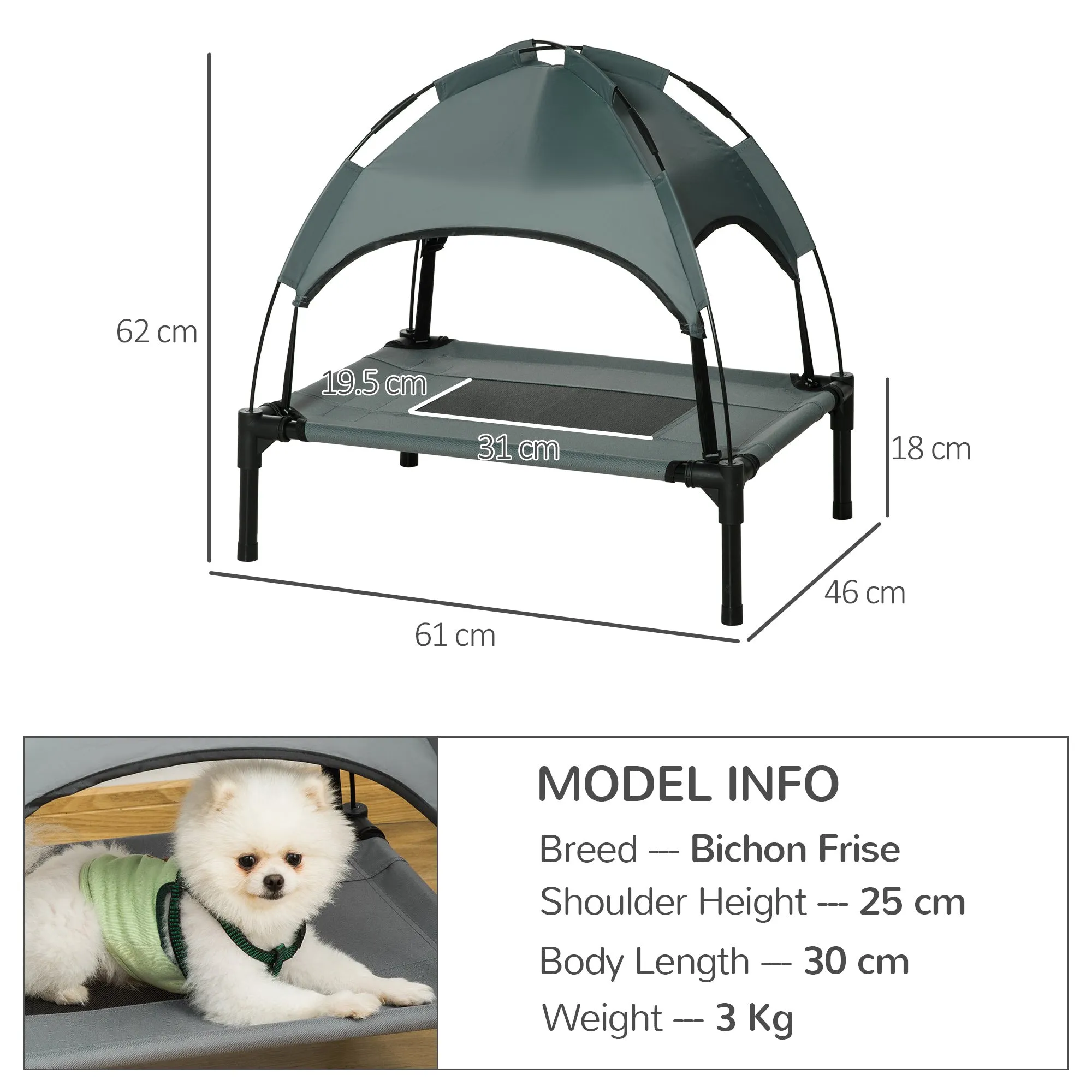 PawHut 61 cm Elevated Portable Dog Cot Cooling Pet Bed with UV Protection Canopy Shade