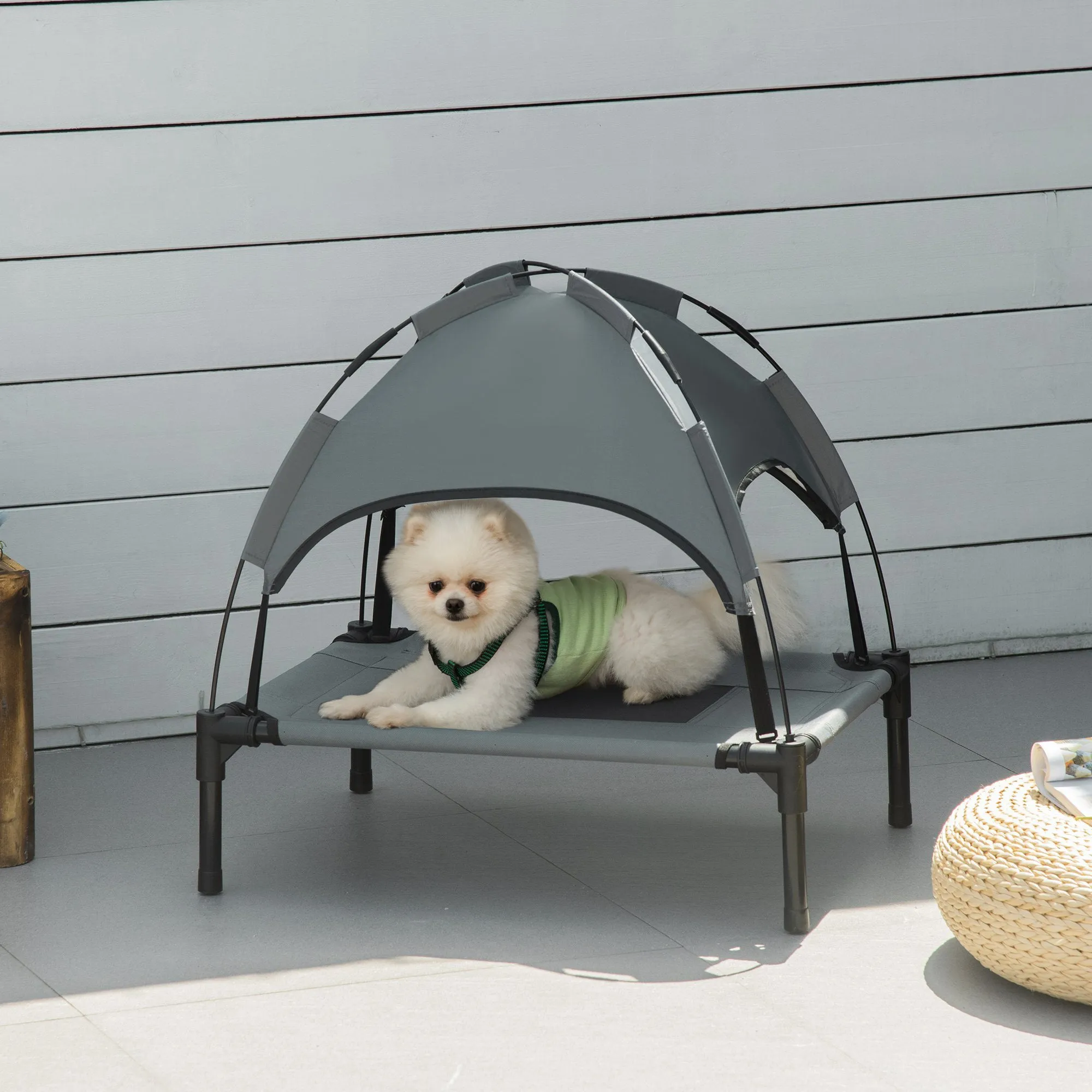 PawHut 61 cm Elevated Portable Dog Cot Cooling Pet Bed with UV Protection Canopy Shade