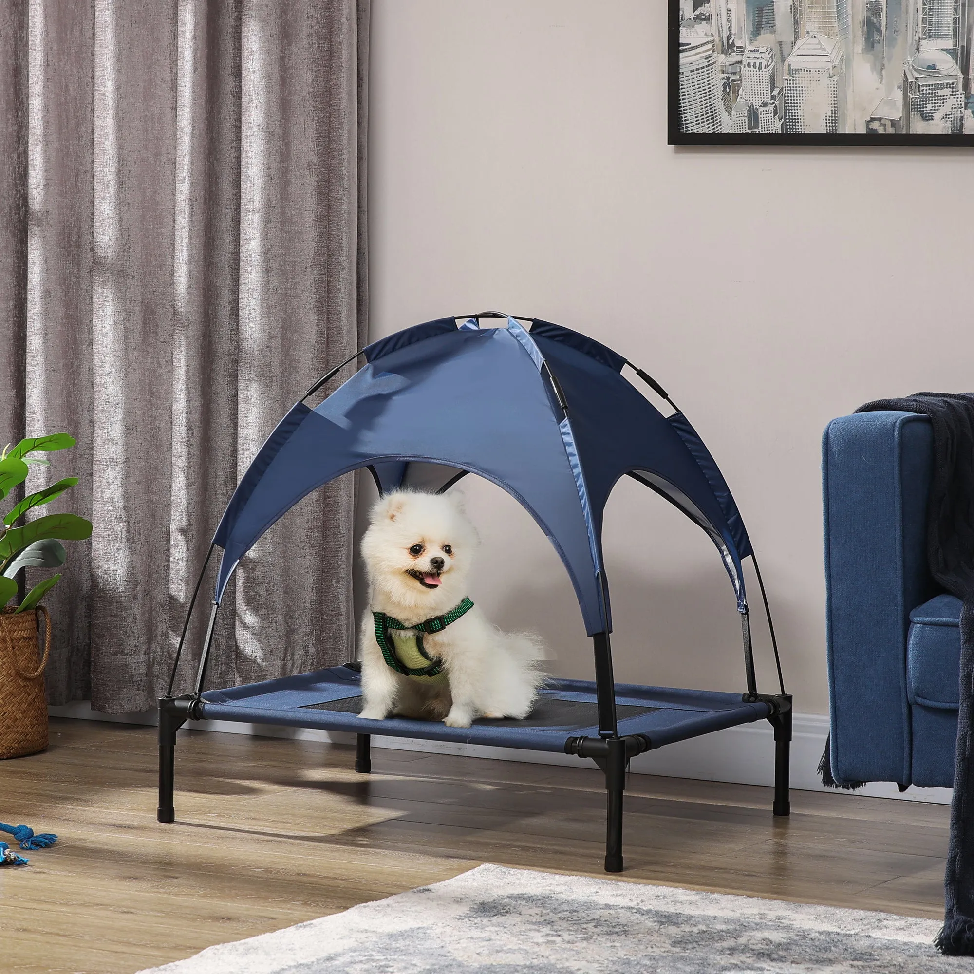 PawHut 76cm Elevated Dog Bed Cooling Raised Pet Cot UV Protection Canopy Blue
