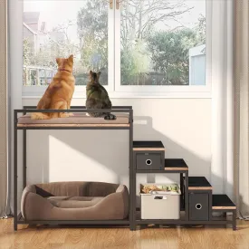 Pet Bunk Bed with Stairs and Storage, Dogs/Cats Window Perch, Bedside Lounge Elevated Dog Bed Multi-Level Platform with Foam Upholstery