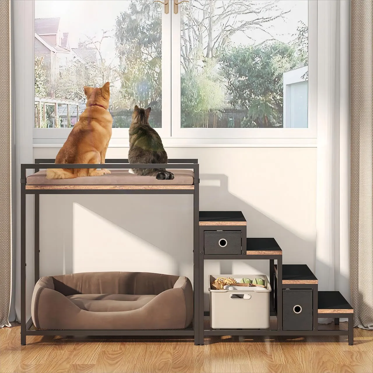 Pet Bunk Bed with Stairs and Storage, Dogs/Cats Window Perch, Bedside Lounge Elevated Dog Bed Multi-Level Platform with Foam Upholstery