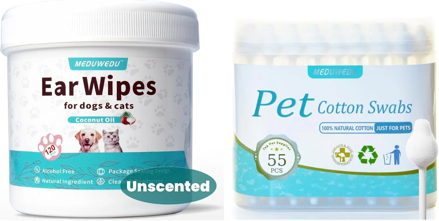 Pet Ear Care Kit  Unscented Ear Cleaner Wipes   Cotton Swabs for Dogs & Cats