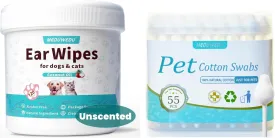 Pet Ear Care Kit  Unscented Ear Cleaner Wipes   Cotton Swabs for Dogs & Cats