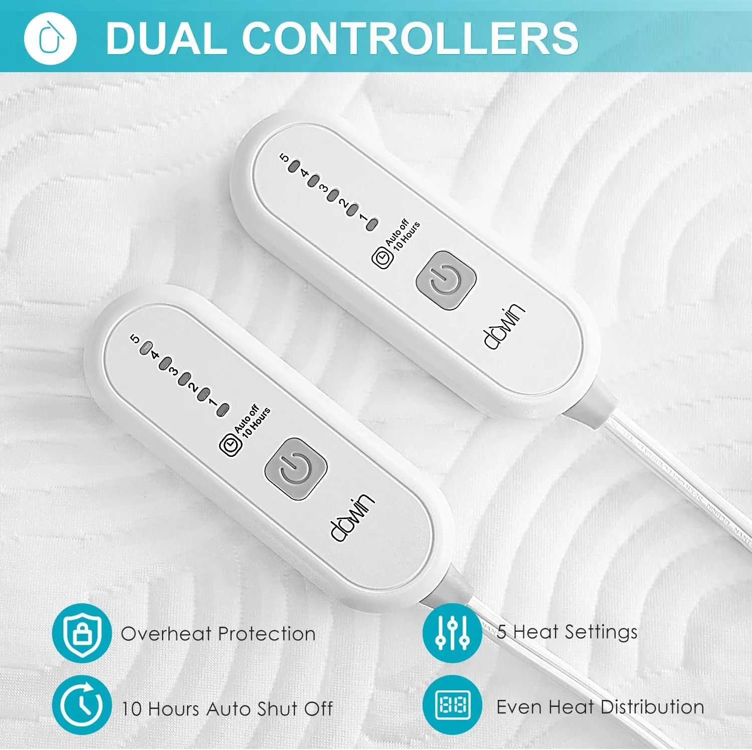 Queen Size Heated Mattress Pad -Bed Heating Pad with Deep Pocket,Dual Controller Electric Bed Warmer with Auto Shut Off & 5 Heat Settings 14.3ft Long Cord| Machine Washable (60x80 Inch)