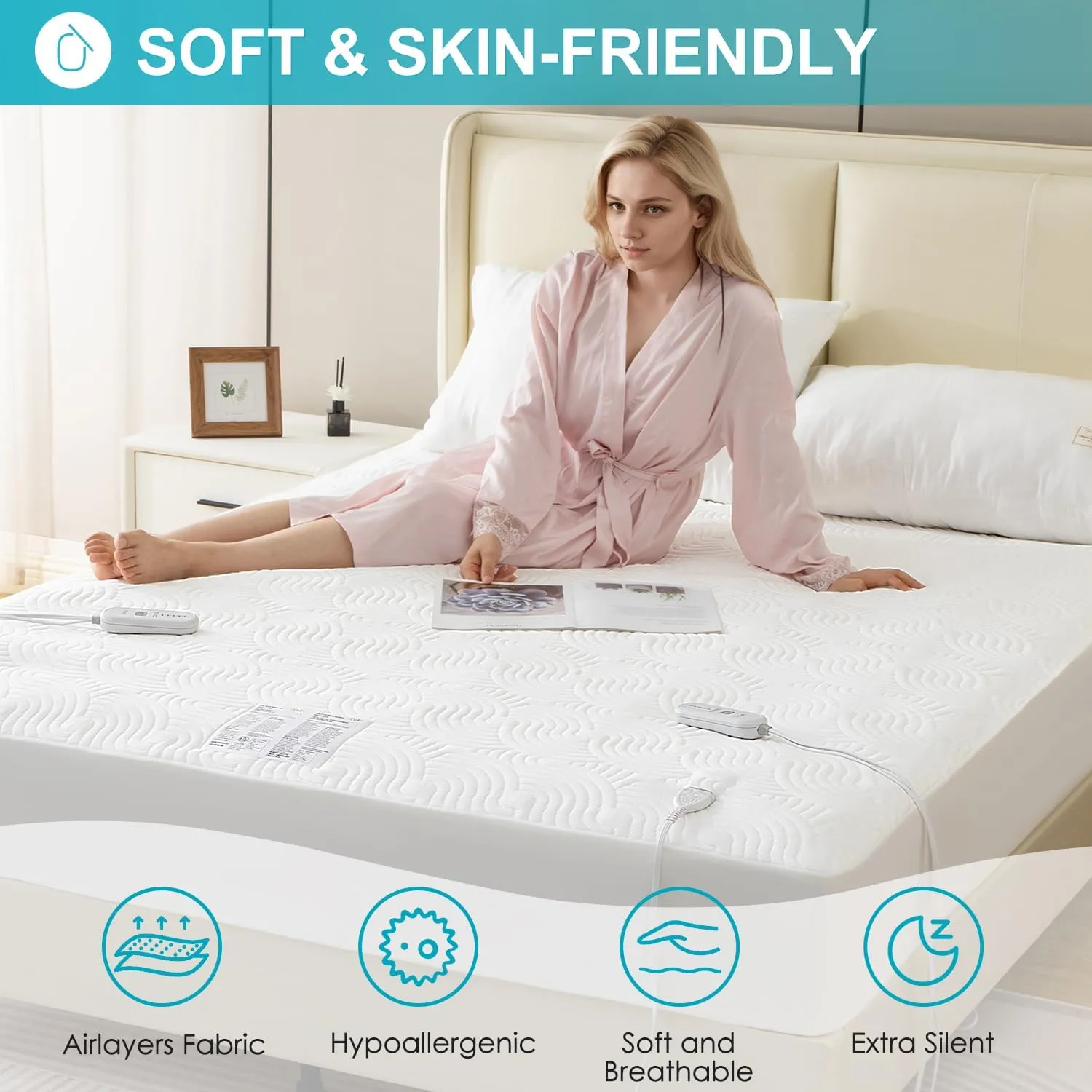 Queen Size Heated Mattress Pad -Bed Heating Pad with Deep Pocket,Dual Controller Electric Bed Warmer with Auto Shut Off & 5 Heat Settings 14.3ft Long Cord| Machine Washable (60x80 Inch)