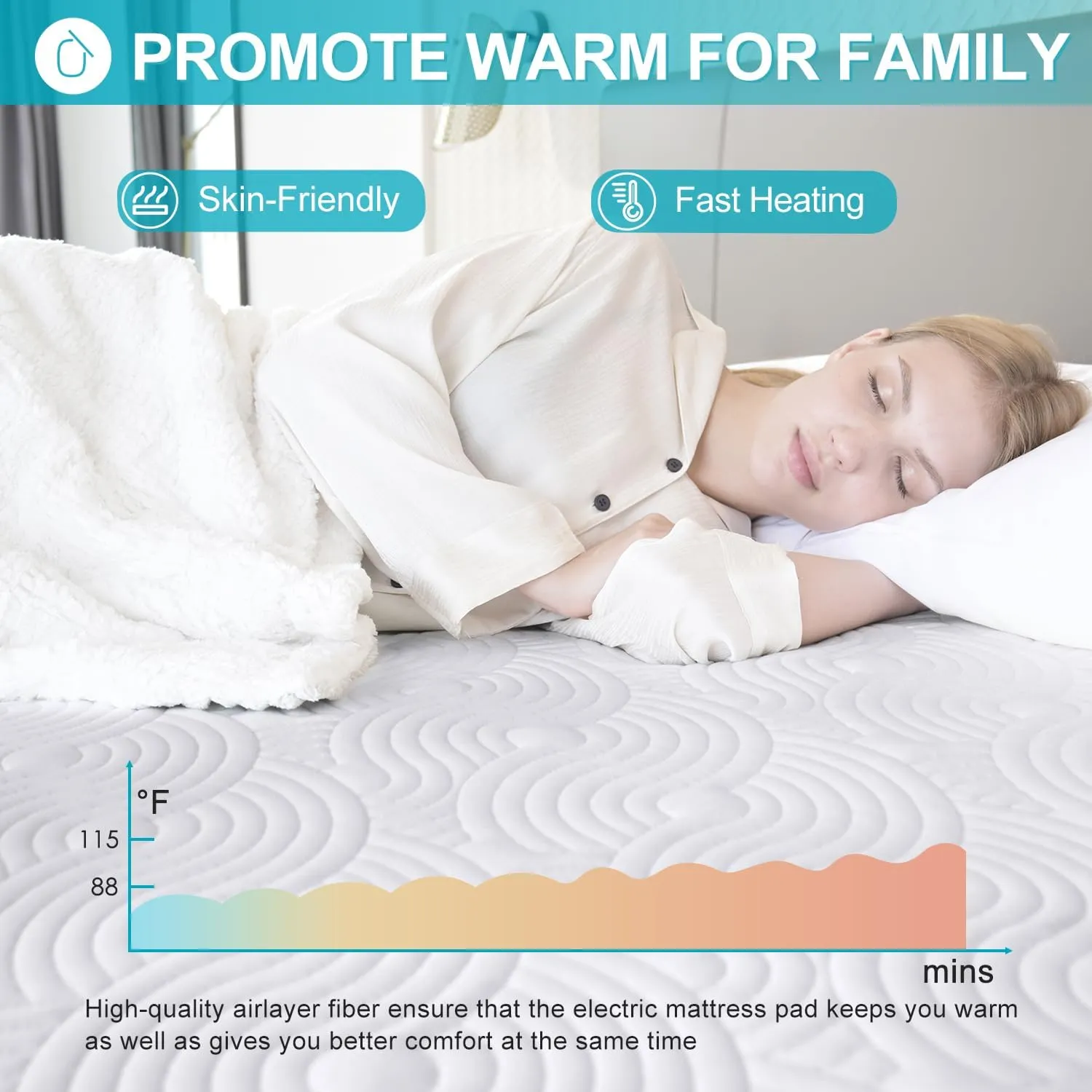 Queen Size Heated Mattress Pad -Bed Heating Pad with Deep Pocket,Dual Controller Electric Bed Warmer with Auto Shut Off & 5 Heat Settings 14.3ft Long Cord| Machine Washable (60x80 Inch)