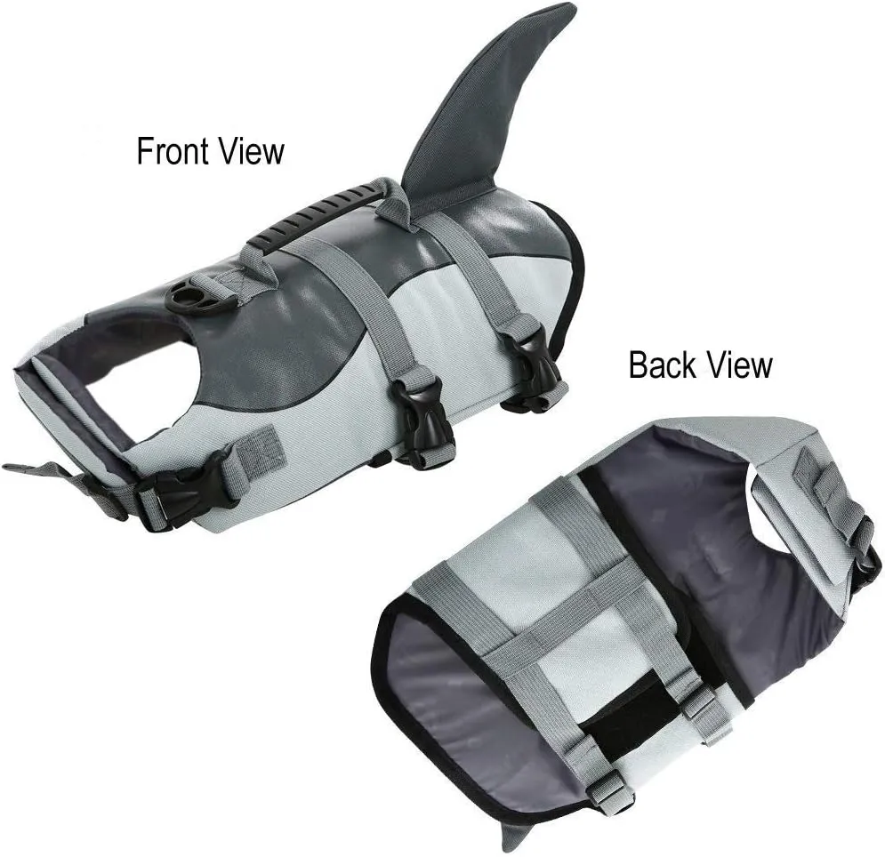 Queenmore Dog Life Jacket Ripstop Shark Dog Safety Vest Adjustable Preserver with High Buoyancy and Durable Rescue Handle for Small,Medium,Large Dogs, Grey Shark Large