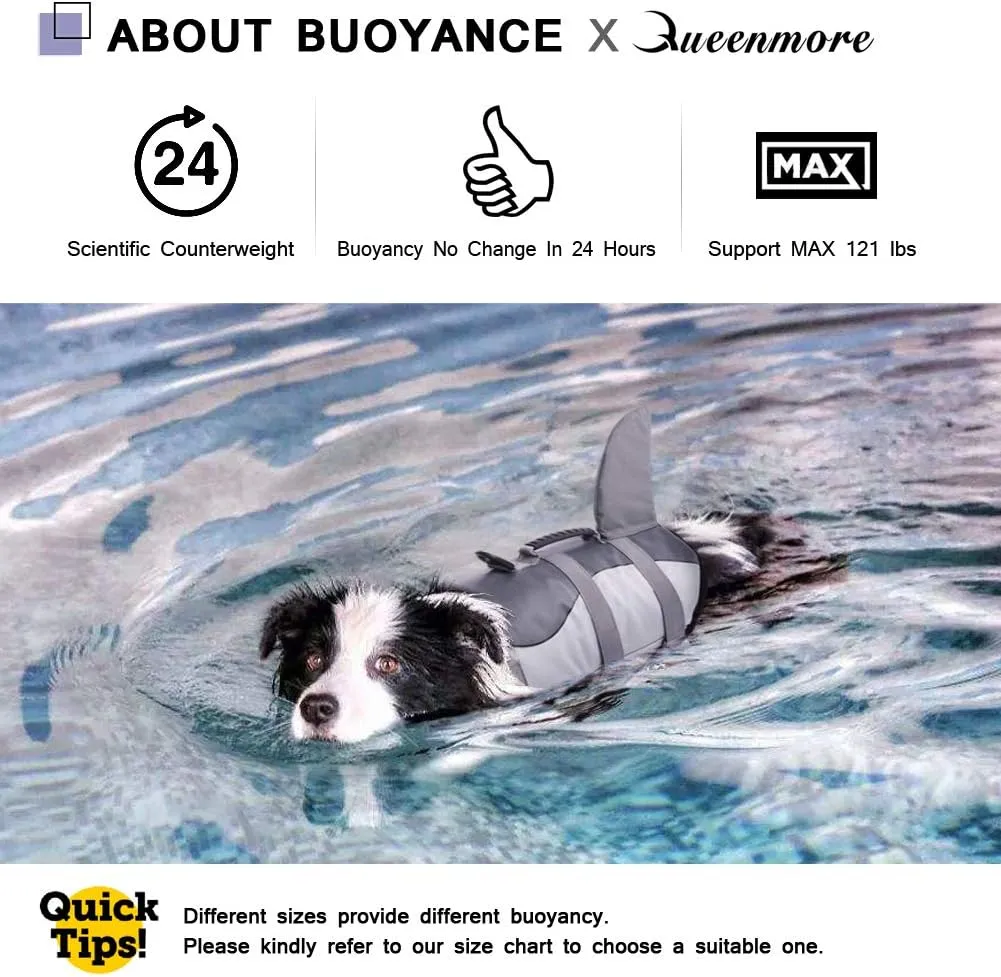Queenmore Dog Life Jacket Ripstop Shark Dog Safety Vest Adjustable Preserver with High Buoyancy and Durable Rescue Handle for Small,Medium,Large Dogs, Grey Shark Large