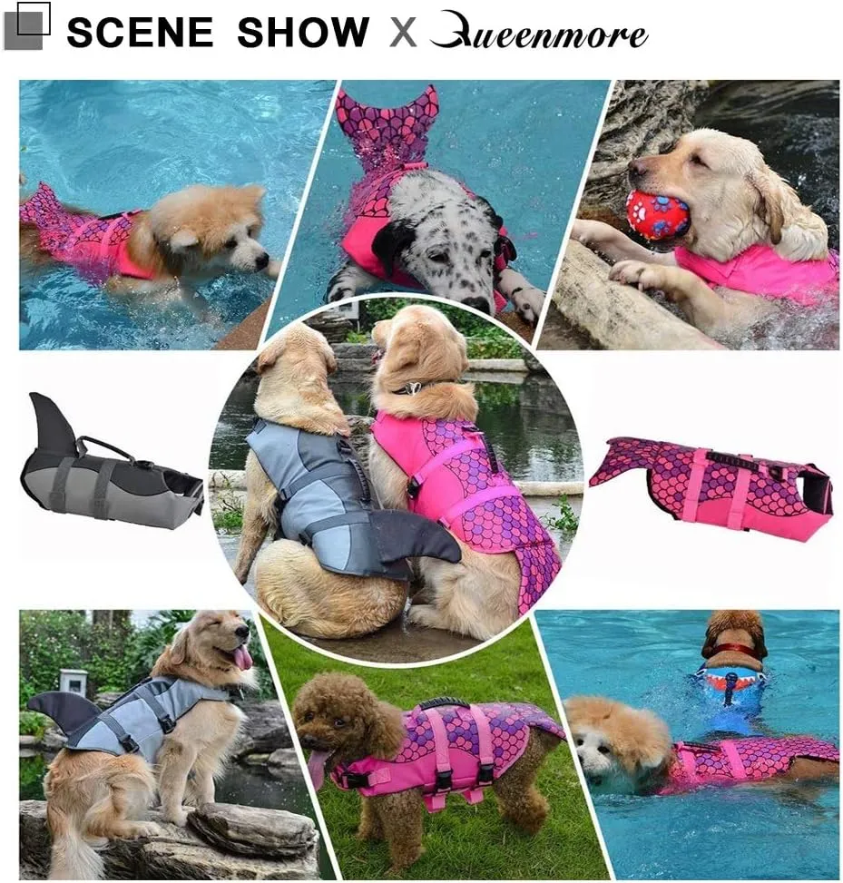 Queenmore Dog Life Jacket Ripstop Shark Dog Safety Vest Adjustable Preserver with High Buoyancy and Durable Rescue Handle for Small,Medium,Large Dogs, Grey Shark Large