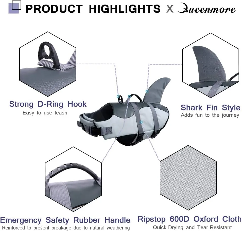 Queenmore Dog Life Jacket Ripstop Shark Dog Safety Vest Adjustable Preserver with High Buoyancy and Durable Rescue Handle for Small,Medium,Large Dogs, Grey Shark Large