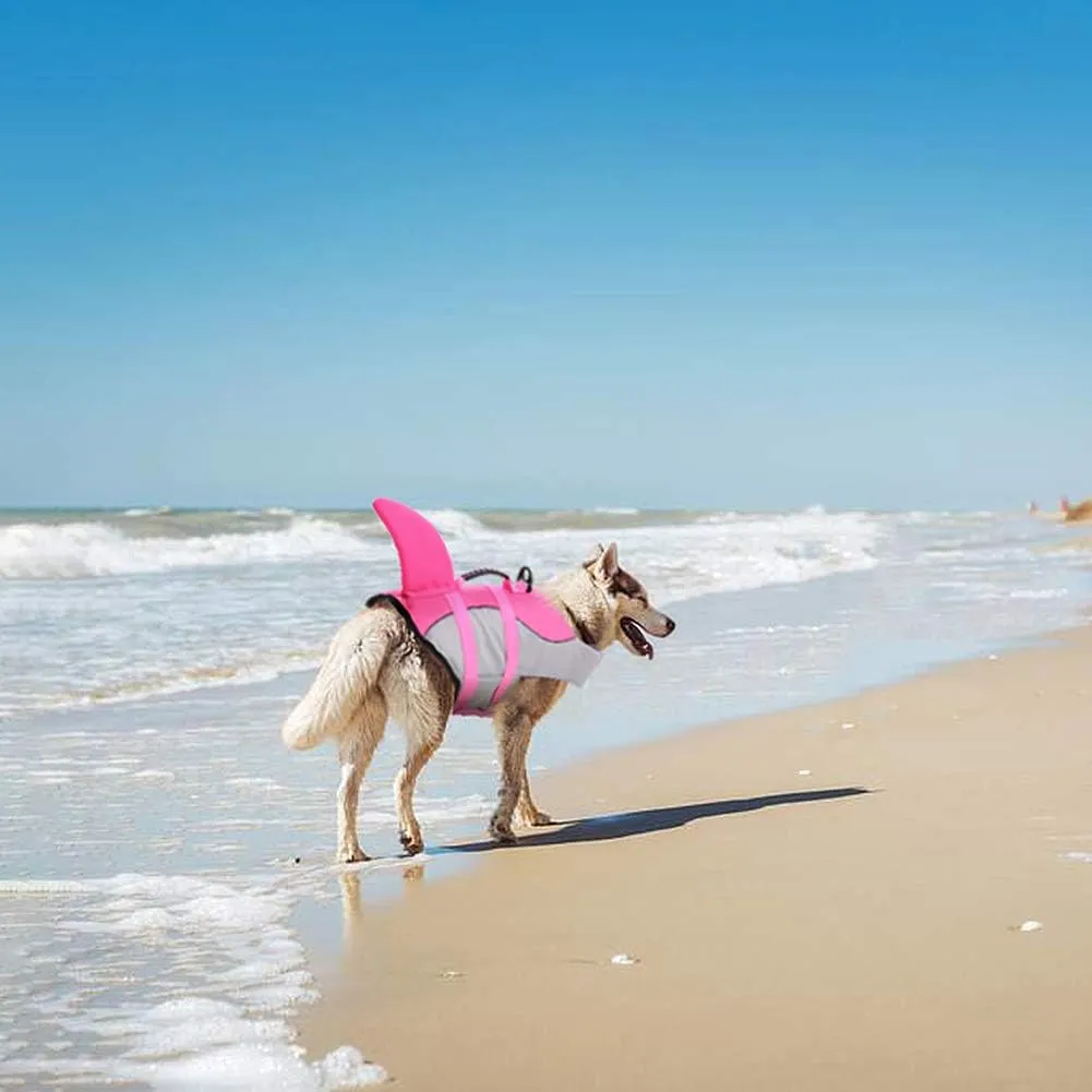 Queenmore Dog Life Jacket Ripstop Shark Dog Safety Vest Adjustable Preserver with High Buoyancy and Durable Rescue Handle for Small,Medium,Large Dogs, Pink Shark Large