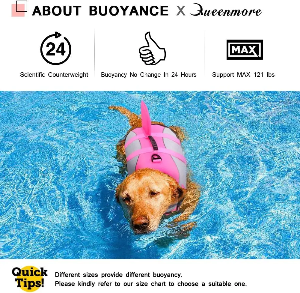 Queenmore Dog Life Jacket Ripstop Shark Dog Safety Vest Adjustable Preserver with High Buoyancy and Durable Rescue Handle for Small,Medium,Large Dogs, Pink Shark Large