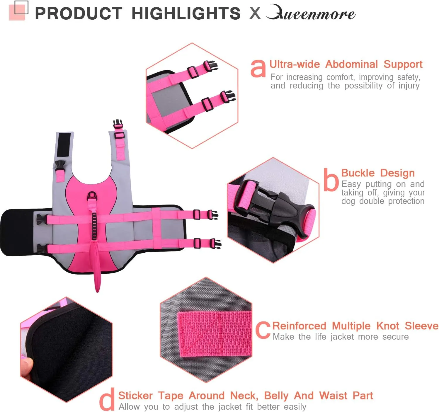 Queenmore Dog Life Jacket Ripstop Shark Dog Safety Vest Adjustable Preserver with High Buoyancy and Durable Rescue Handle for Small,Medium,Large Dogs, Pink Shark Large
