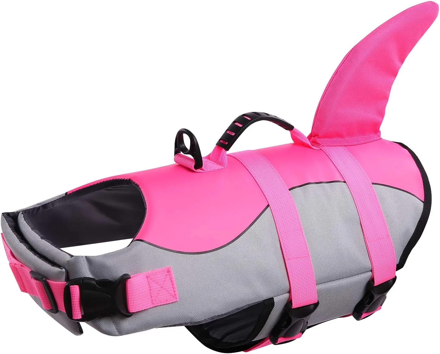 Queenmore Dog Life Jacket Ripstop Shark Dog Safety Vest Adjustable Preserver with High Buoyancy and Durable Rescue Handle for Small,Medium,Large Dogs, Pink Shark Large