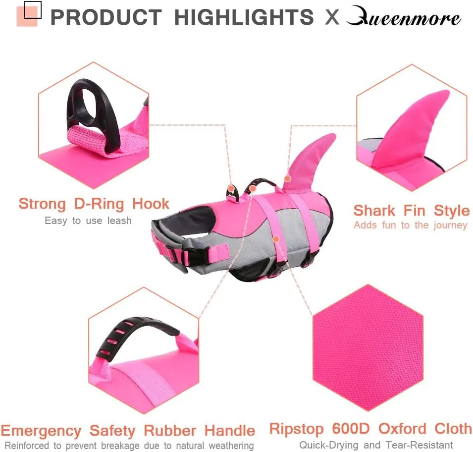 Queenmore Dog Life Jacket Ripstop Shark Dog Safety Vest Adjustable Preserver with High Buoyancy and Durable Rescue Handle for Small,Medium,Large Dogs, Pink Shark Large