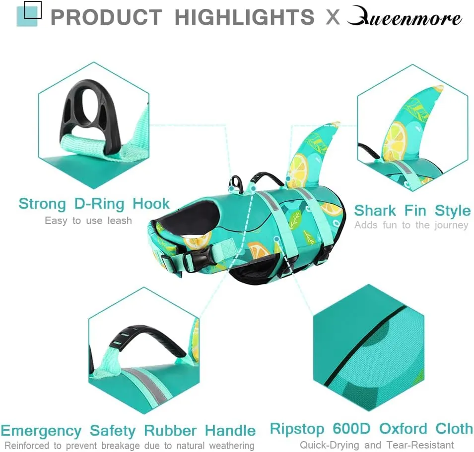 Queenmore Dog Life Jacket with Rescue Handle - Adjustable Reflective Dog Shark Life Vest for Small Dogs, Green Print