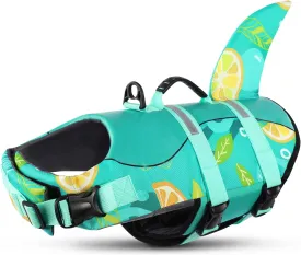 Queenmore Dog Life Jacket with Rescue Handle - Adjustable Reflective Dog Shark Life Vest for Small Dogs, Green Print