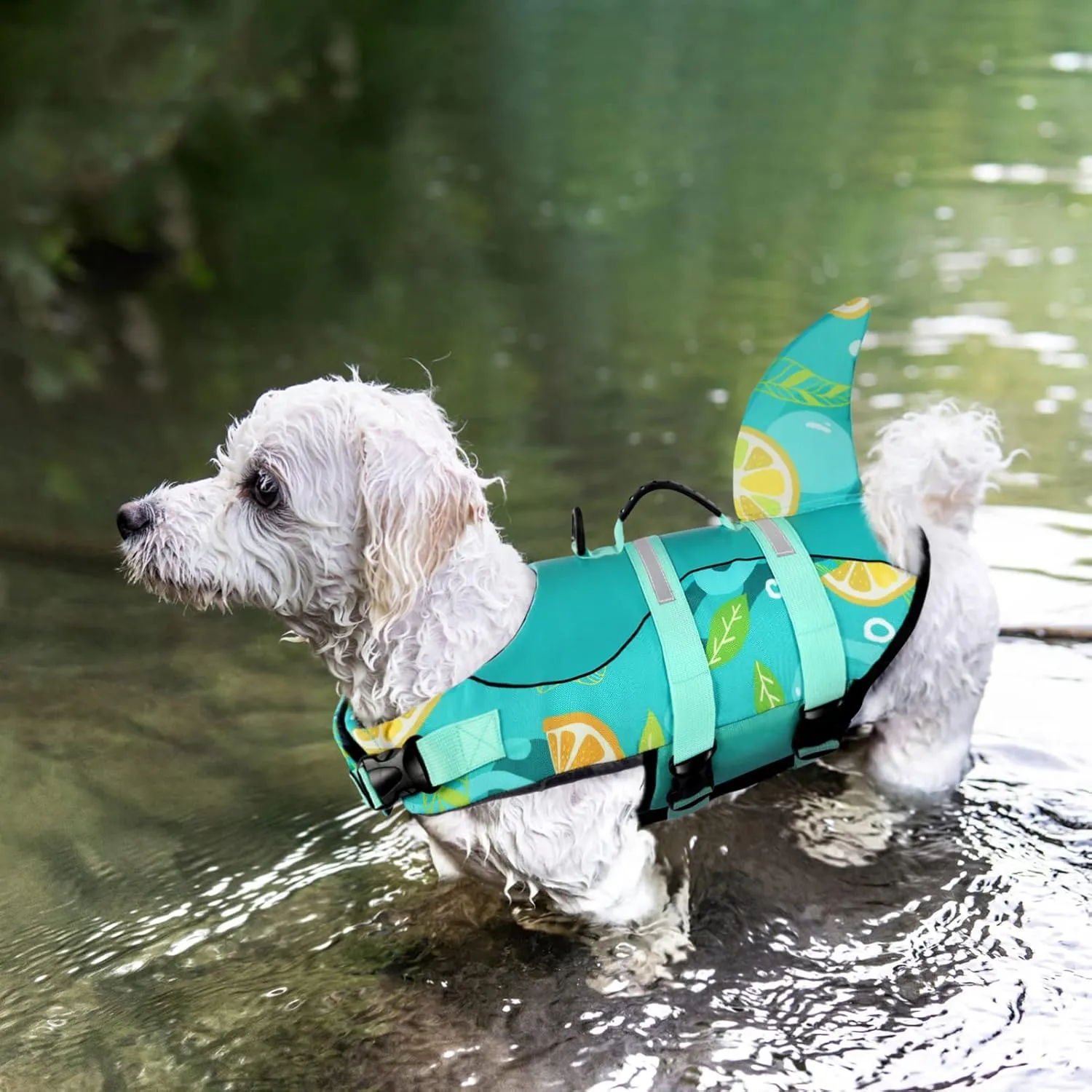 Queenmore Dog Life Jacket with Rescue Handle - Adjustable Reflective Dog Shark Life Vest for Small Dogs, Green Print