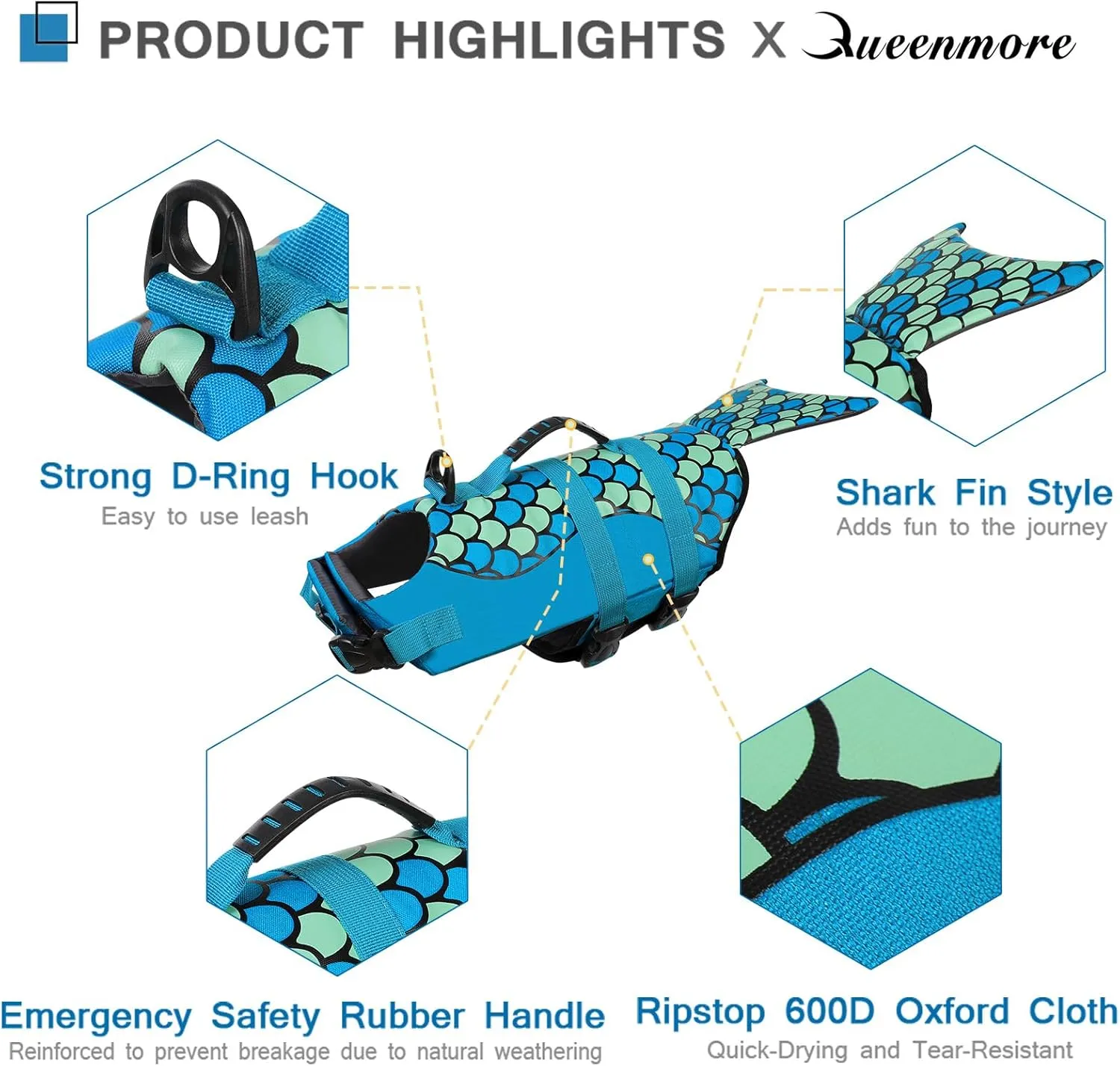 Queenmore Mermaid Dog Life Jacket, Dog Life Vest for Swimming, Dog Floating Vest, Lightweight Dog Swimming Vest, High Buoyant Dog Life Jackets for Small, Medium, Large Dogs (Blue,L)