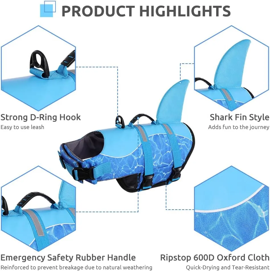 Queenmore Shark Dog Life Jacket for Swimming, High Buoyant Adjustable Vest for Dogs (Blue, L)
