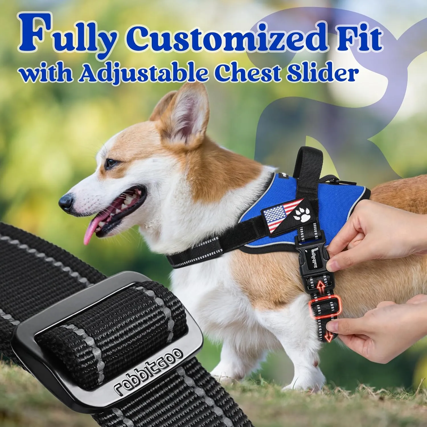 rabbitgoo Dog Harness for Large Dogs, No Pull No Choke Pet Vest, Easy Wearing with One Buckle, Reflective, Adjustable Pet Harness with Molle for Walking, Training, Blue, L