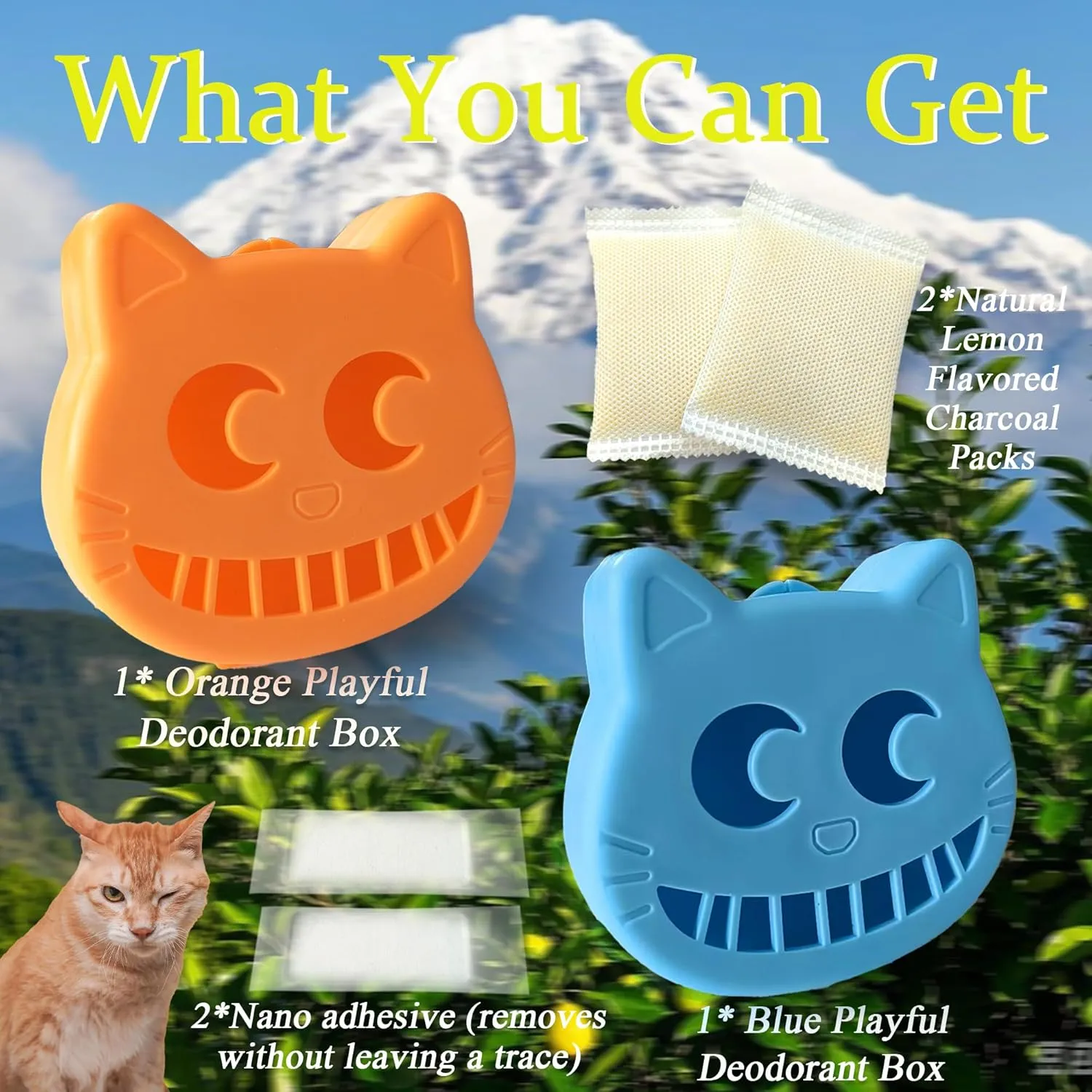 Reusable Cat Litter Box Deodorizer Kit, Includes 2 Stick-on box and 2 Activated Charcoal Deodorizing Bags, Universal Cat Odor Trap to Eliminates Litter Box Odors