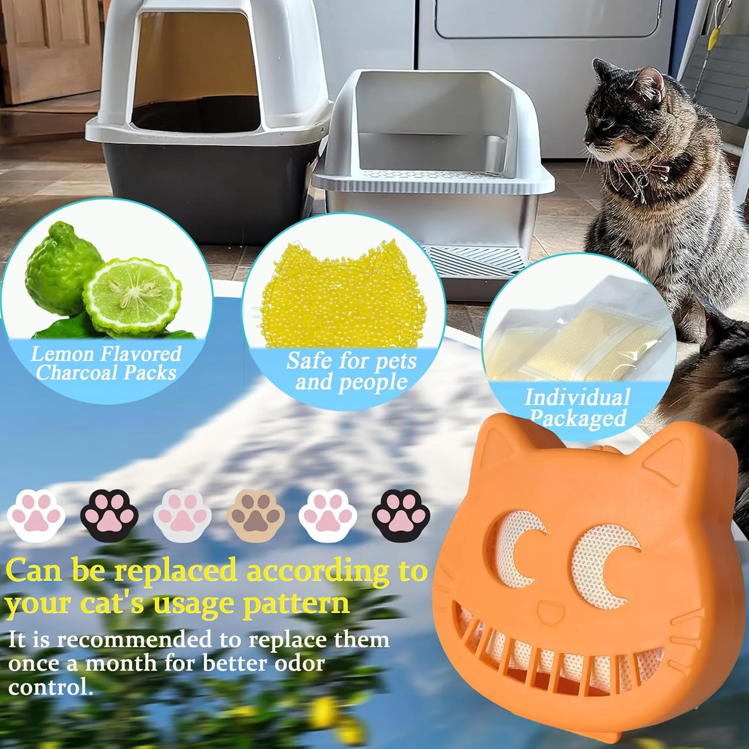 Reusable Cat Litter Box Deodorizer Kit, Includes 2 Stick-on box and 2 Activated Charcoal Deodorizing Bags, Universal Cat Odor Trap to Eliminates Litter Box Odors