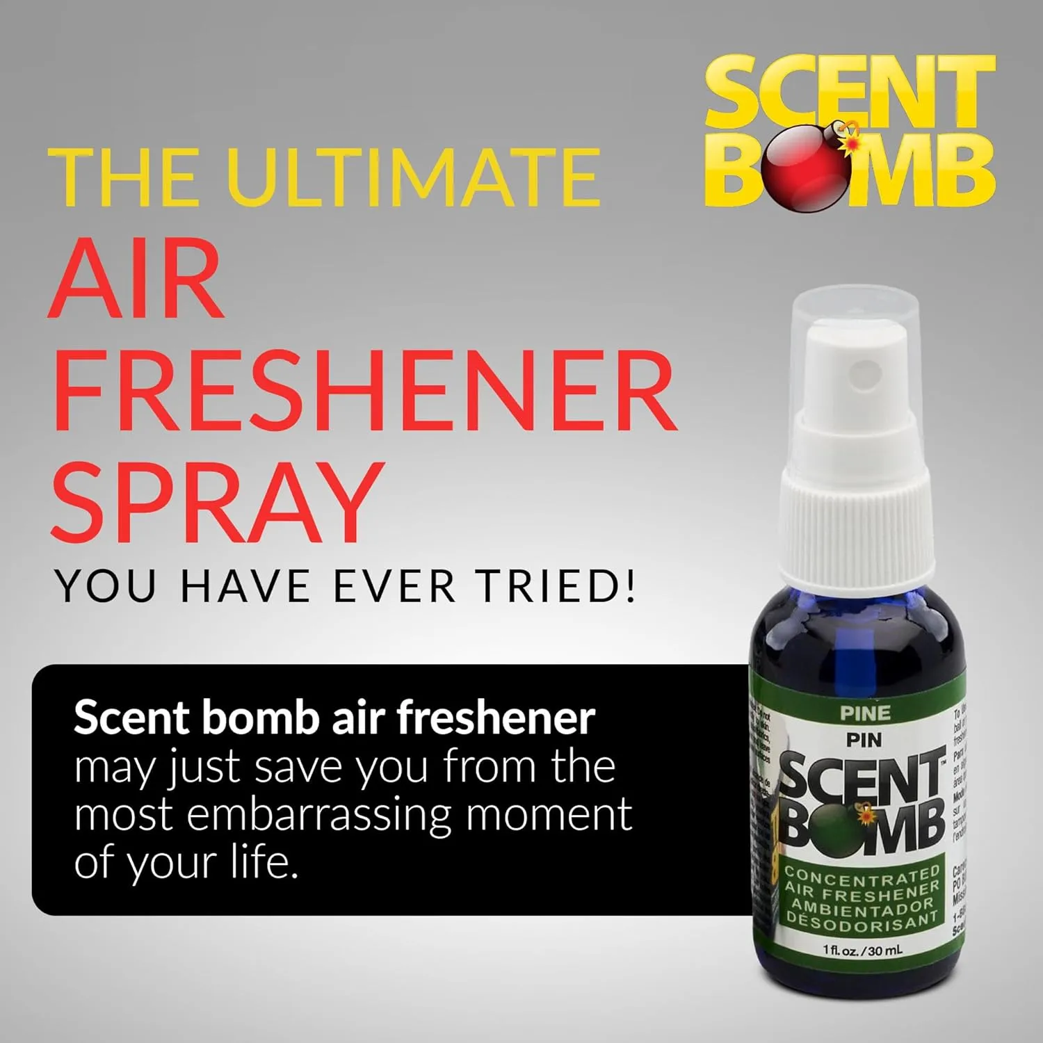 Scent Bomb Air Freshener Spray, Long-Lasting Odor Eliminator - Effective Deodorizer for Home & Car, Fresh Room Spray for Kitchen, Bathroom & Smell Neutralizer - 1 oz Pack of 4, Pine Scent