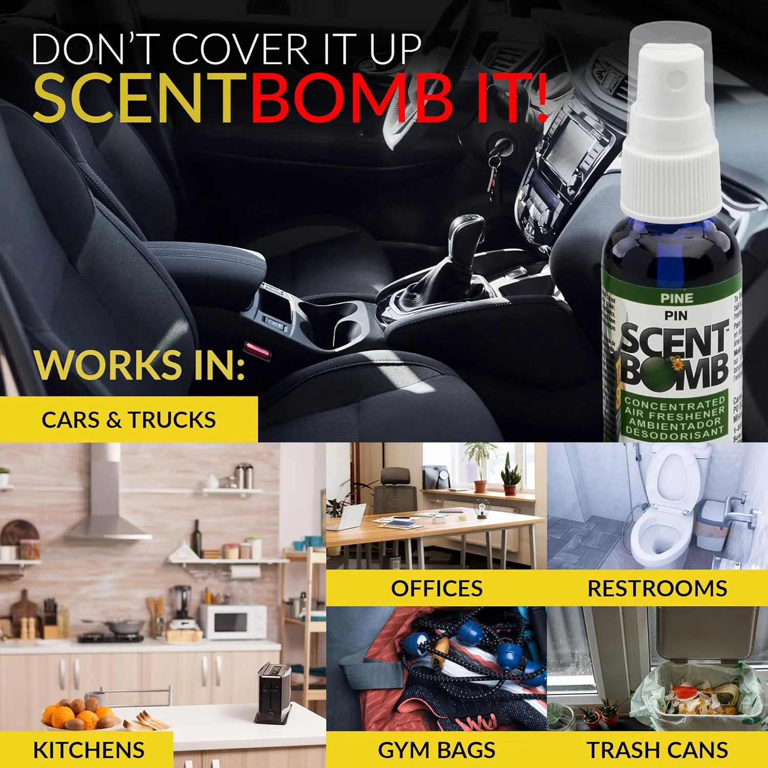 Scent Bomb Air Freshener Spray, Long-Lasting Odor Eliminator - Effective Deodorizer for Home & Car, Fresh Room Spray for Kitchen, Bathroom & Smell Neutralizer - 1 oz Pack of 4, Pine Scent