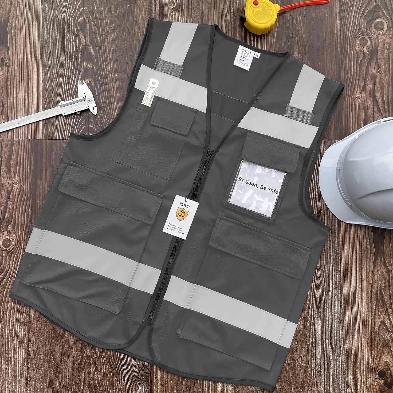 TCCFCCT Hi Vis Vest 5 Pockets High Visibility Reflective Safety Vest for Men Women, Neon Construction Vest with Horizontal Strip for Walkie-talkie and ID Card, Meets ANSI/ISEA Standards, Grey,M