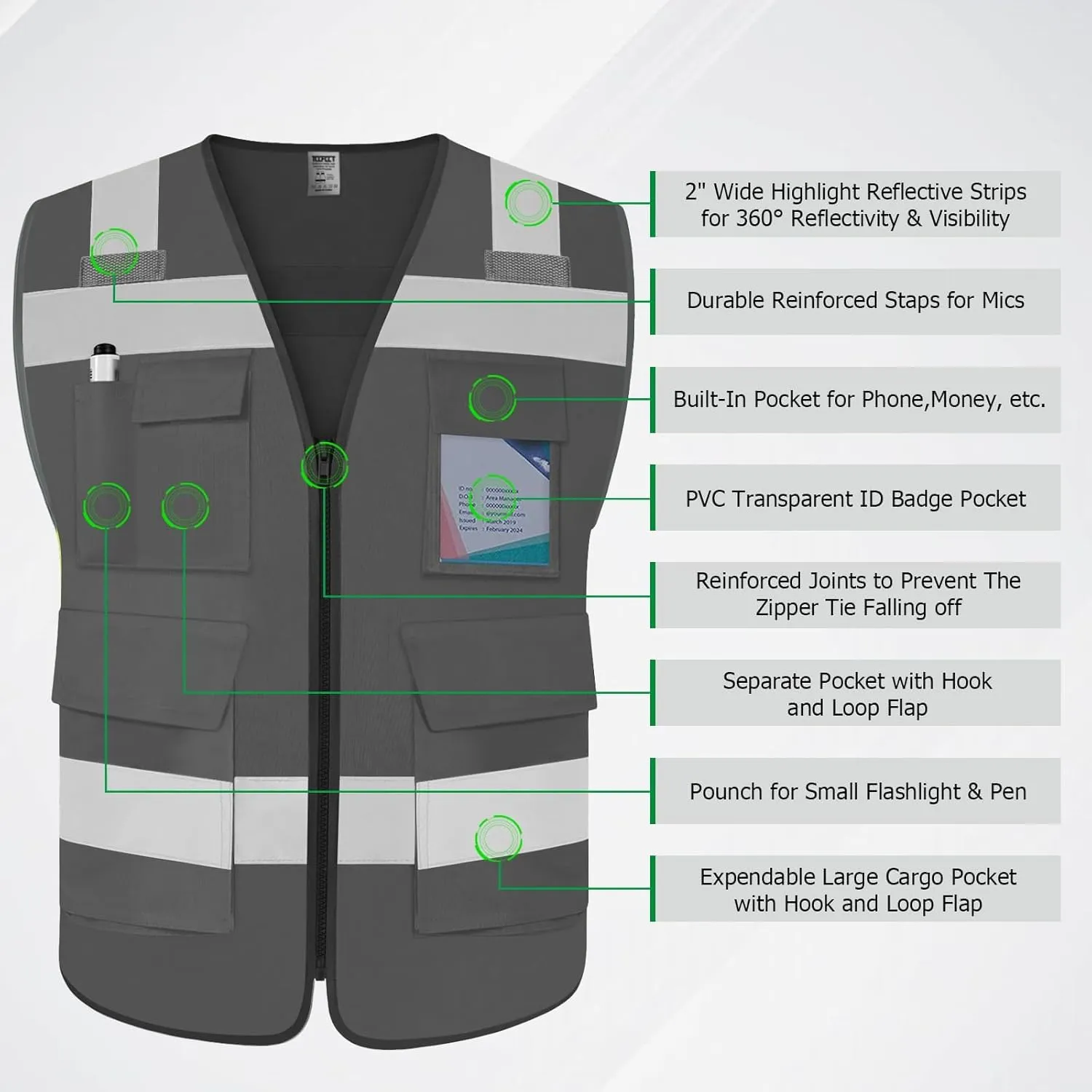 TCCFCCT Hi Vis Vest 5 Pockets High Visibility Reflective Safety Vest for Men Women, Neon Construction Vest with Horizontal Strip for Walkie-talkie and ID Card, Meets ANSI/ISEA Standards, Grey,M