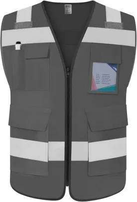 TCCFCCT Hi Vis Vest 5 Pockets High Visibility Reflective Safety Vest for Men Women, Neon Construction Vest with Horizontal Strip for Walkie-talkie and ID Card, Meets ANSI/ISEA Standards, Grey,M
