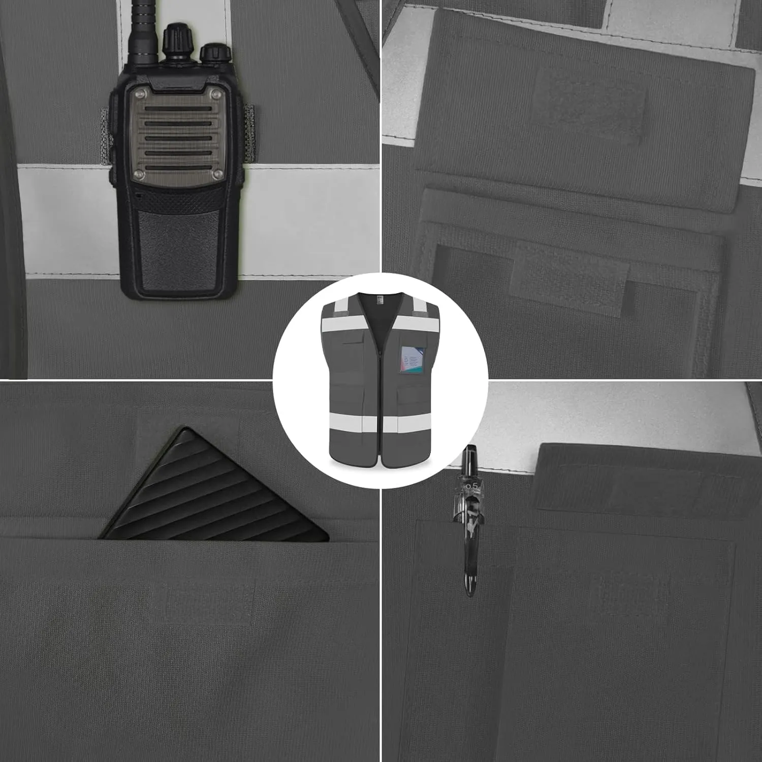 TCCFCCT Hi Vis Vest 5 Pockets High Visibility Reflective Safety Vest for Men Women, Neon Construction Vest with Horizontal Strip for Walkie-talkie and ID Card, Meets ANSI/ISEA Standards, Grey,M