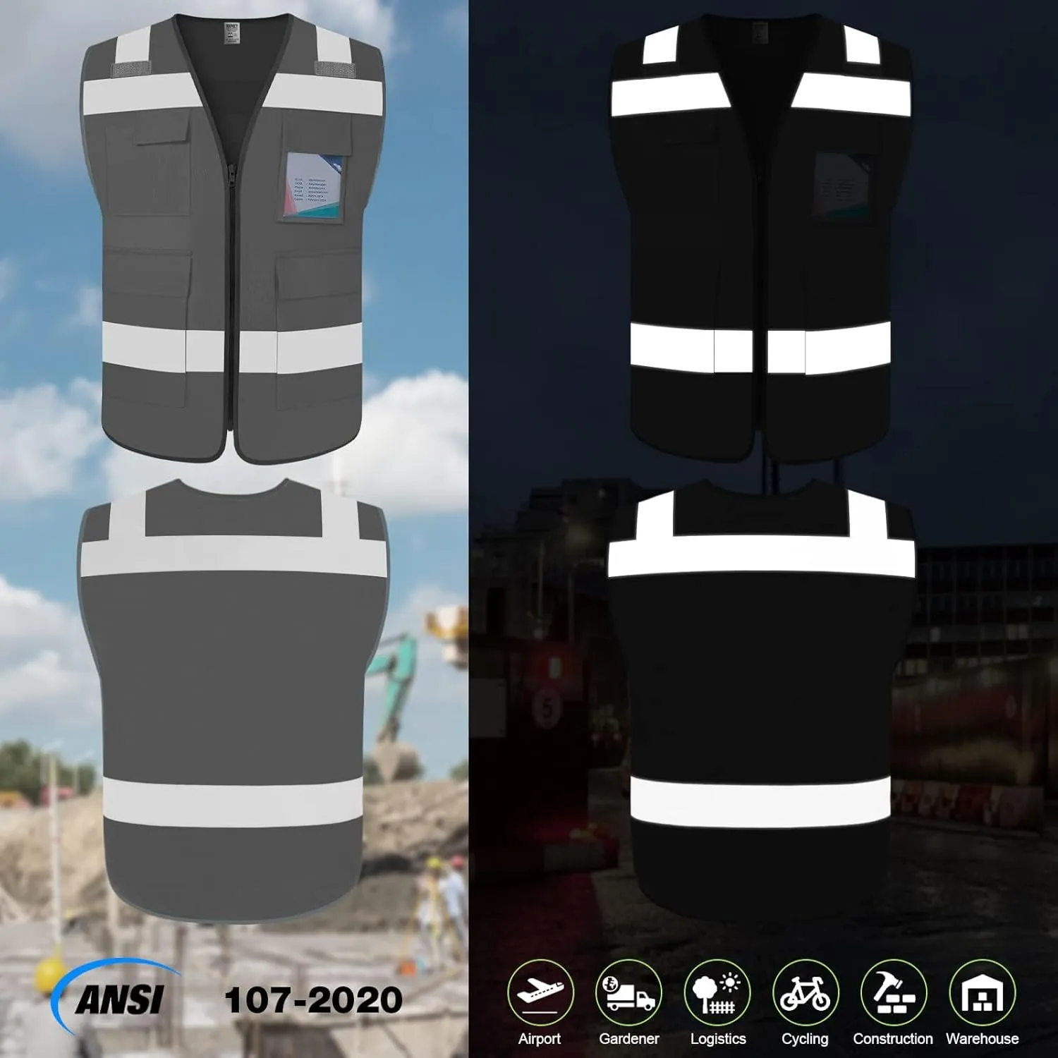 TCCFCCT Hi Vis Vest 5 Pockets High Visibility Reflective Safety Vest for Men Women, Neon Construction Vest with Horizontal Strip for Walkie-talkie and ID Card, Meets ANSI/ISEA Standards, Grey,M