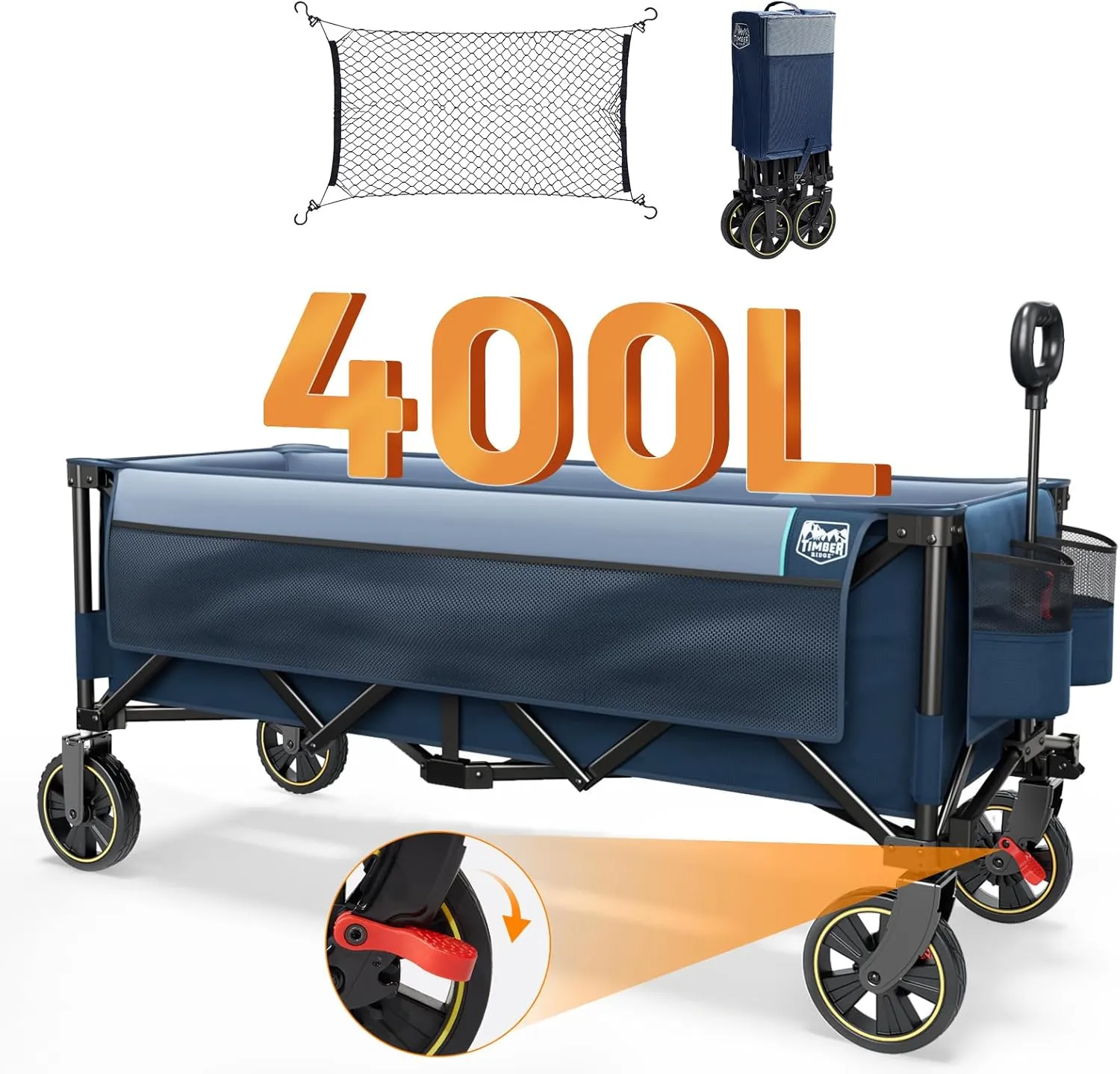 TIMBER RIDGE 51.2'' Extended Collapsible Wagon Cart with Brakes and Cargo Net, 350LBS Heavy Duty Foldable Utility Wagon with Adjustable Handle, 400L Capacity Portable Cart for Camping Sports Shopping