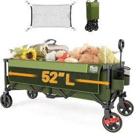 TIMBER RIDGE 51.2'' Extended Collapsible Wagon Cart with Brakes and Cargo Net, 350LBS Heavy Duty Foldable Utility Wagon with Adjustable Handle, 400L Capacity Portable Cart for Camping Sports Shopping
