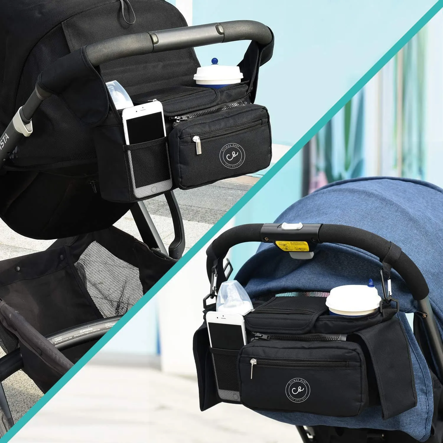 Universal Stroller Organizer - Insulated Stroller Cup Holder Detachable Front Bag With Shoulder Strap - Smart Parent Stroller Bag Organizer -Compact Design Fits Most Baby Stroller Pet Stroller (Black)