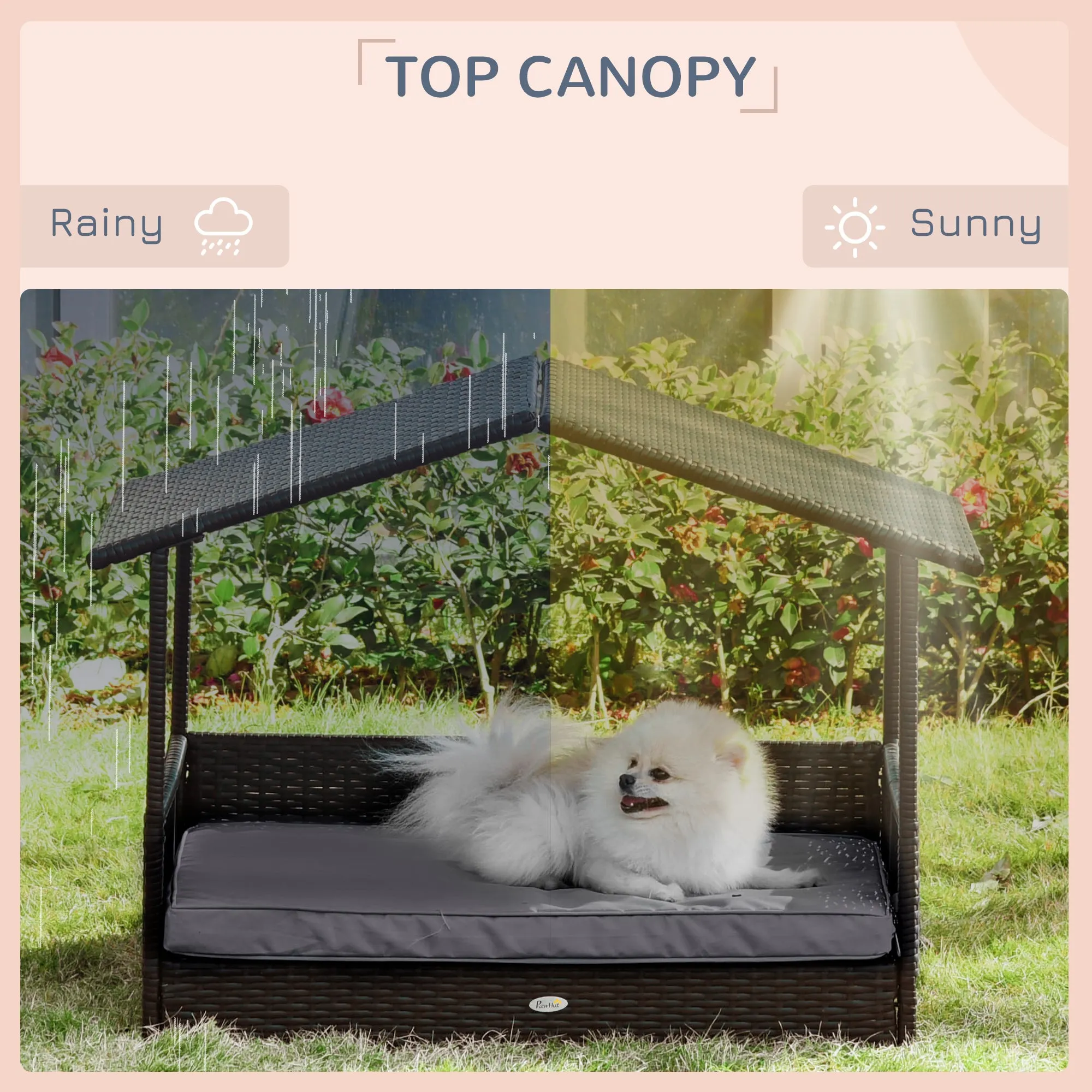 Wicker Dog House, Rattan Pet Bed with Soft Cushion, Canopy, Cat House with Anti-slip Pads, Grey, 98 x 69 x 73 cm