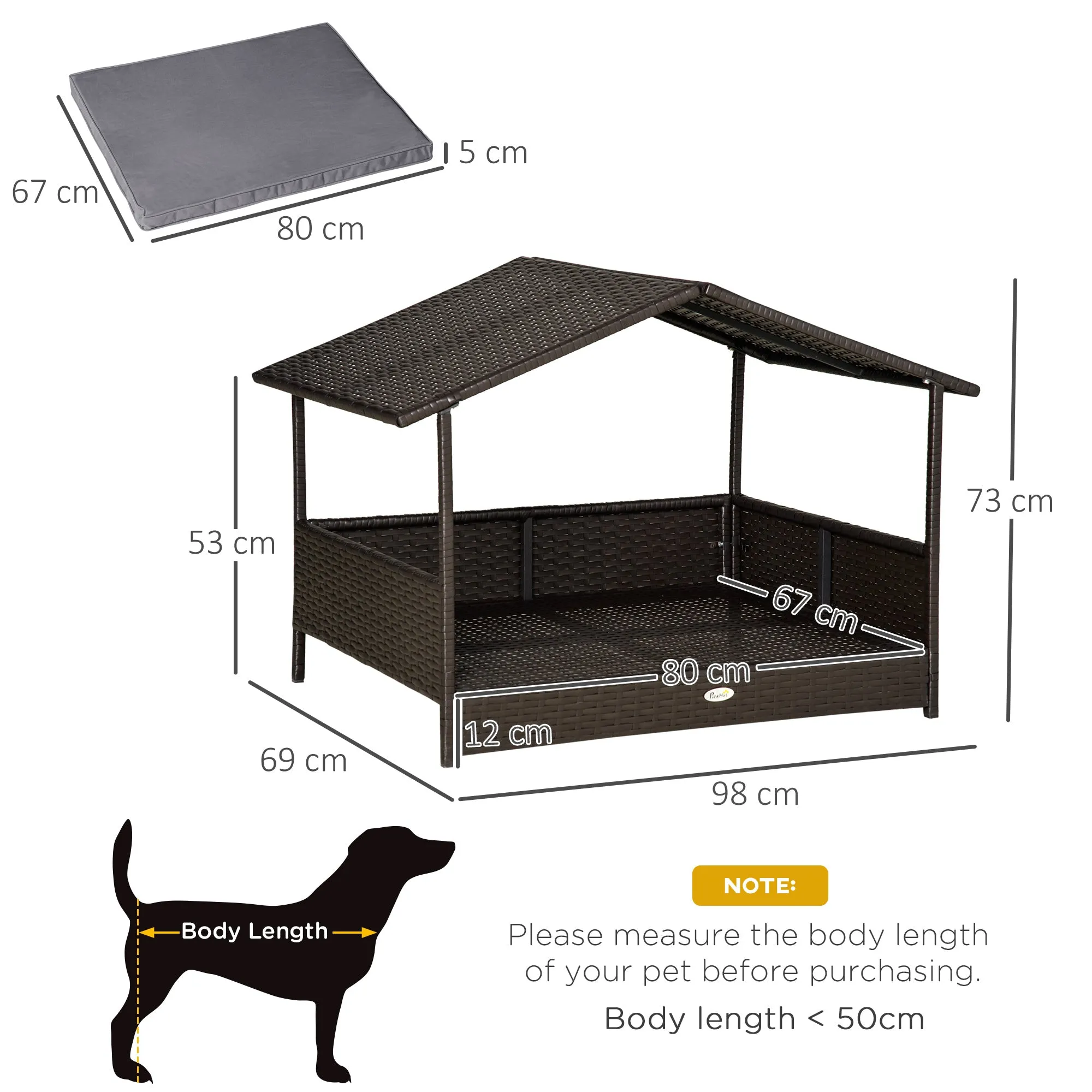 Wicker Dog House, Rattan Pet Bed with Soft Cushion, Canopy, Cat House with Anti-slip Pads, Grey, 98 x 69 x 73 cm