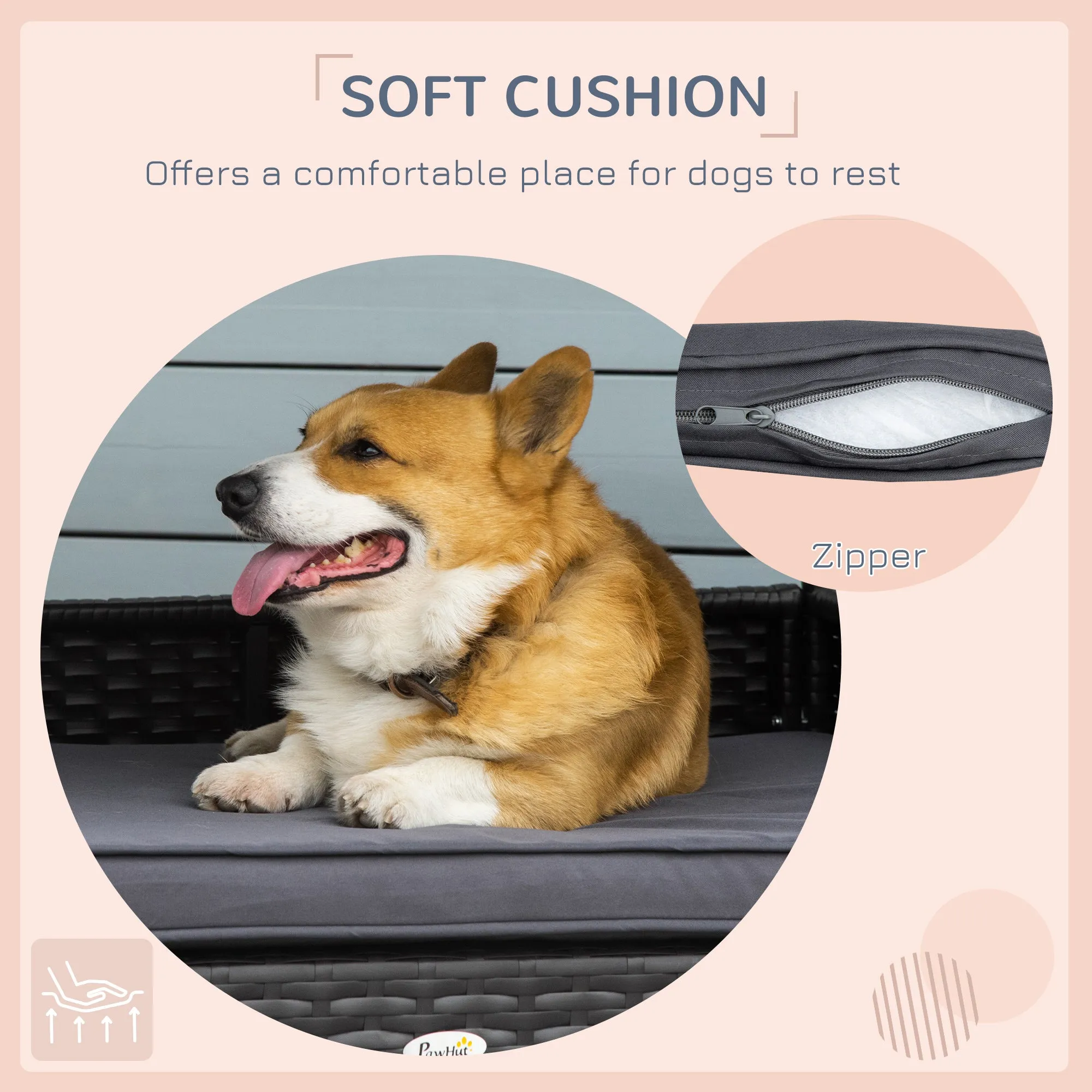 Wicker Dog House, Rattan Pet Bed with Soft Cushion, Canopy, Cat House with Anti-slip Pads, Grey, 98 x 69 x 73 cm